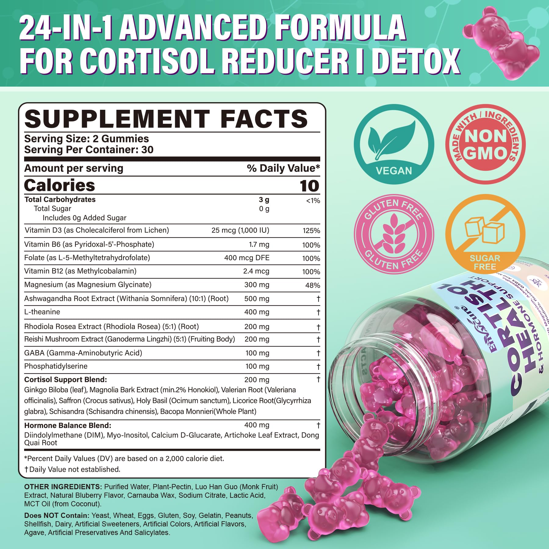 Cortisol Supplements for Women & Men, Cortisol Reducer Gummies w/ Magnesium, Ashwagandha, L-Theanine, Rhodiola, Reishi, 24 IN 1 Cortisol Detox Manager for Calm Mood, Focus & Relaxation,Vegan, 120 Cts - OzHealthStandard
