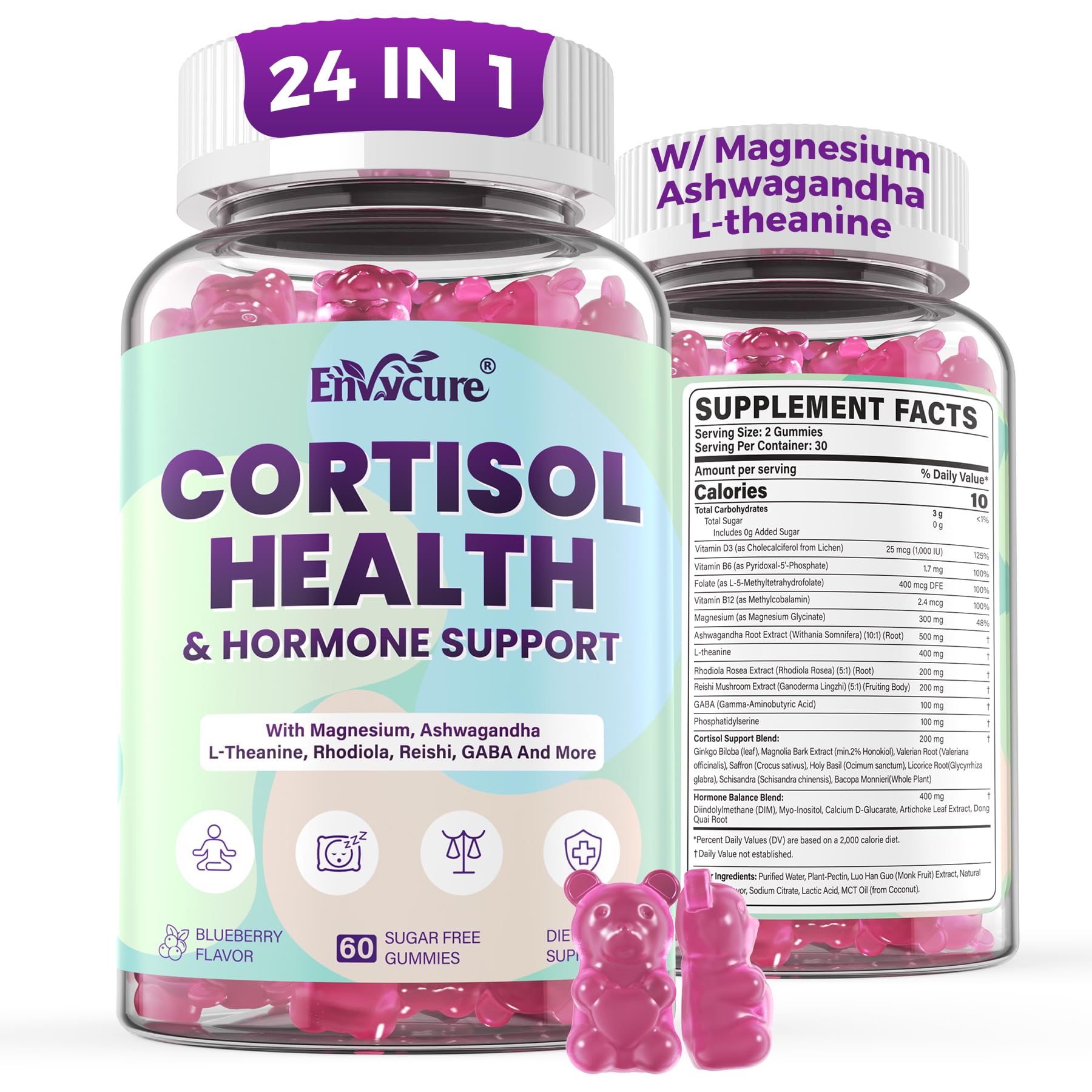 Cortisol Supplements for Women & Men, Cortisol Reducer Gummies w/ Magnesium, Ashwagandha, L-Theanine, Rhodiola, Reishi, 24 IN 1 Cortisol Detox Manager for Calm Mood, Focus & Relaxation,Vegan, 120 Cts - OzHealthStandard