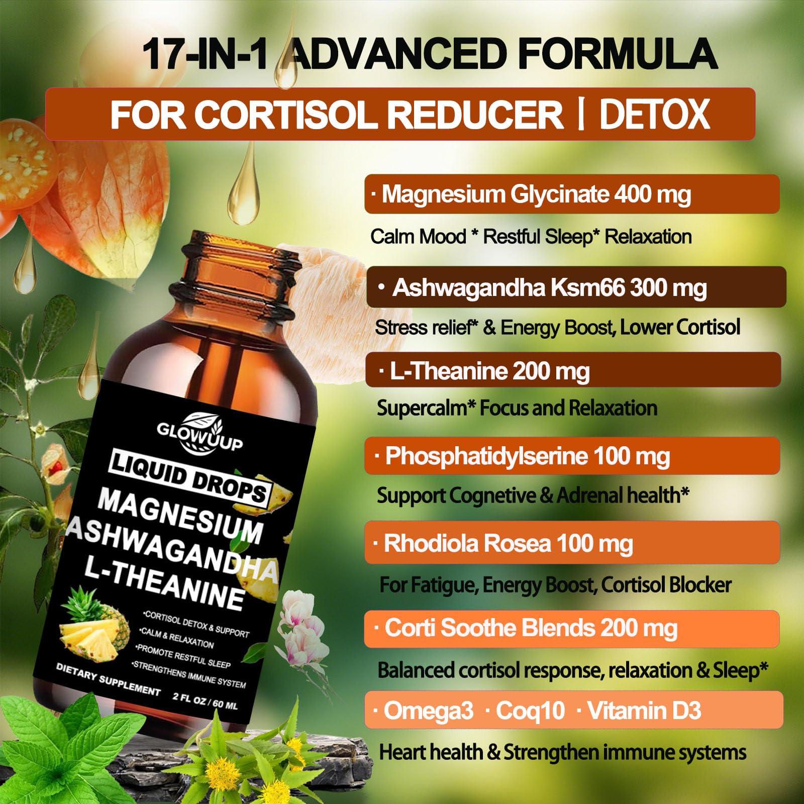 Cortisol Supplements for Women & Men, Cortisol Reducer Manager Detox Liquid Drops Extra Strength Magnesium Glycinate 200mg, L-Theanine & Ashwagandha丨Hormone Balance, Relaxation & Recess Mood - OzHealthStandard