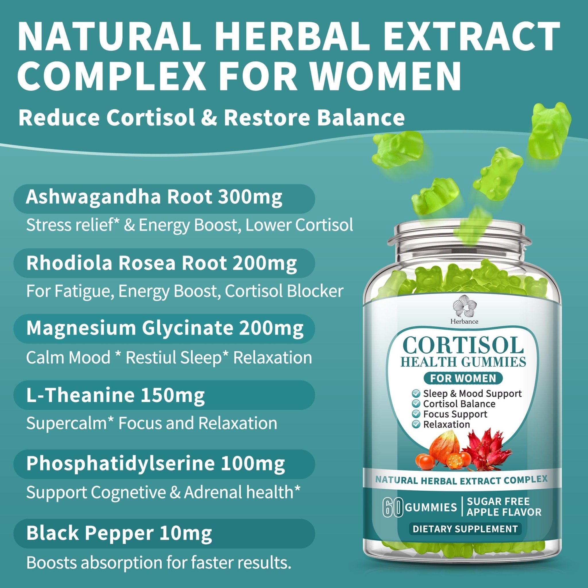 Cortisol Supplements Gummies for Women, Cortisol Reducer w.Ashwagandha Rhodiola Rosea Magnesium L-Theanine Phosphatidylserine Black Peper, Hormone Balanced & Lower Cortisol - 30 Day Vegan Supply - OzHealthStandard