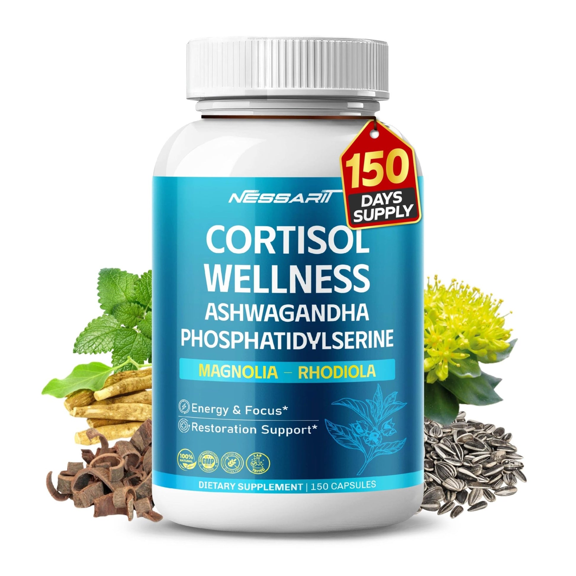 CORTISOL Wellness Ashwagandha 14-in-1 Natural Blend with Phosphatidylserine Magnolia Rhodiola St. John's Wort Peppermint Bacopa - 150 Count - OzHealthStandard