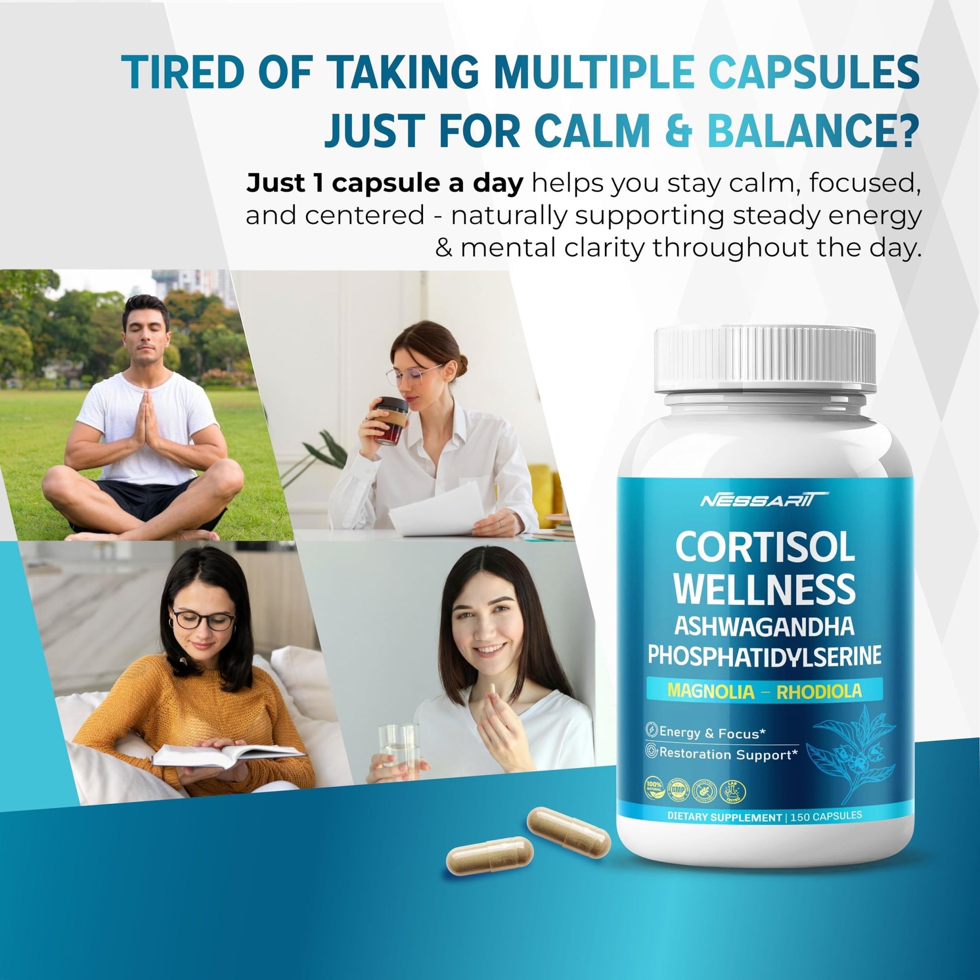 CORTISOL Wellness Ashwagandha 14-in-1 Natural Blend with Phosphatidylserine Magnolia Rhodiola St. John's Wort Peppermint Bacopa - 150 Count - OzHealthStandard