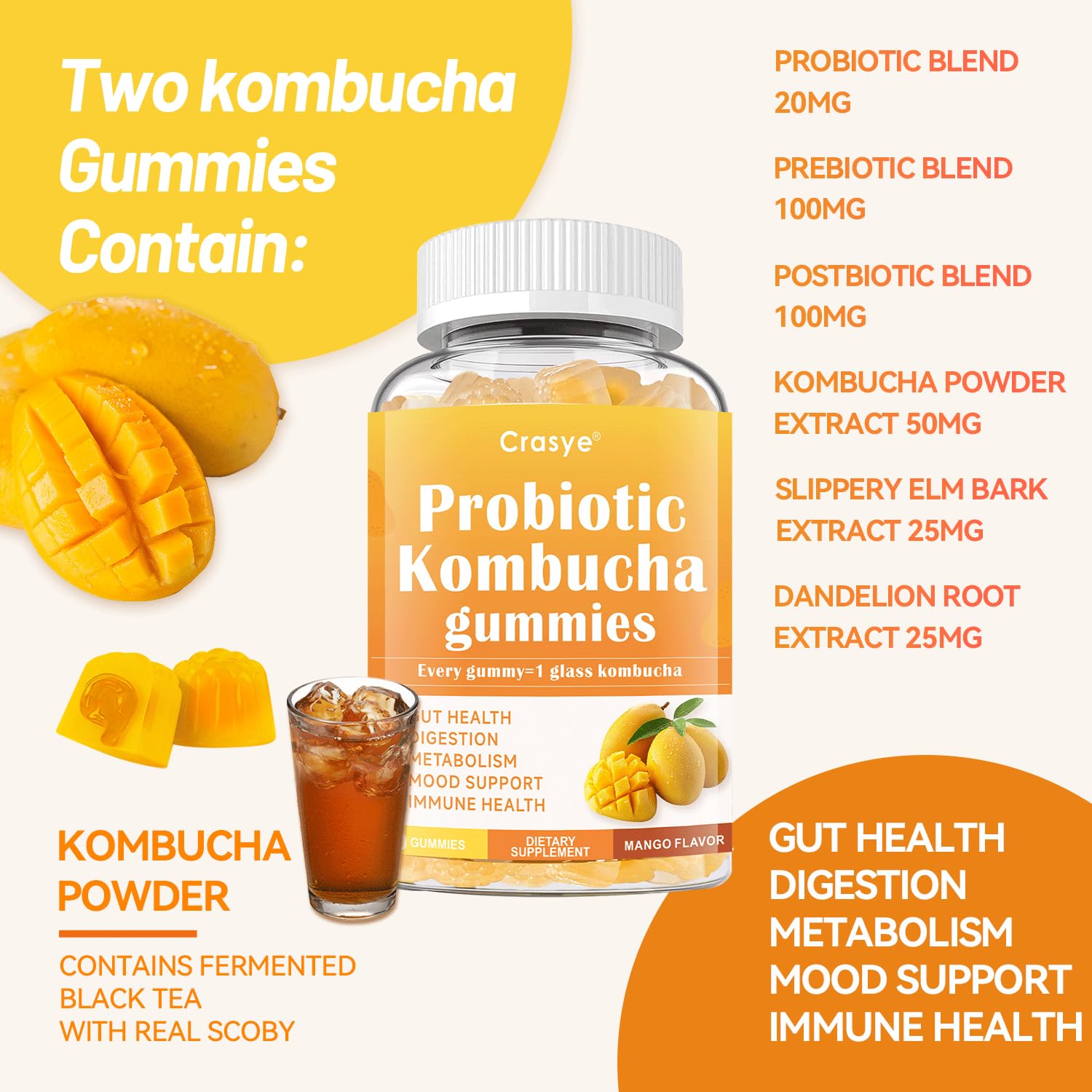 Crasye Probiotic Kombucha Gummies Sugar Free Prebiotic Postbiotic Probiotics Gummies with Slippery Elm for Women and Men Bloating Gut Health Immune and Digestive Support - 60 Gummies - 30 Servings - OzHealthStandard