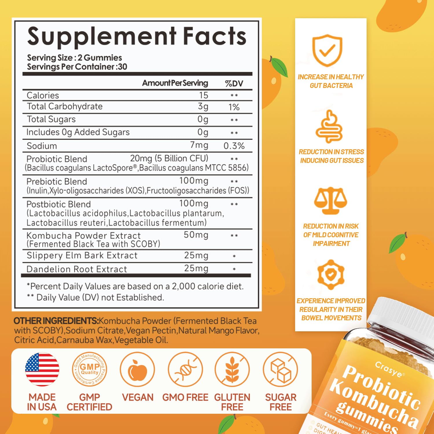 Crasye Probiotic Kombucha Gummies Sugar Free Prebiotic Postbiotic Probiotics Gummies with Slippery Elm for Women and Men Bloating Gut Health Immune and Digestive Support - 60 Gummies - 30 Servings - OzHealthStandard