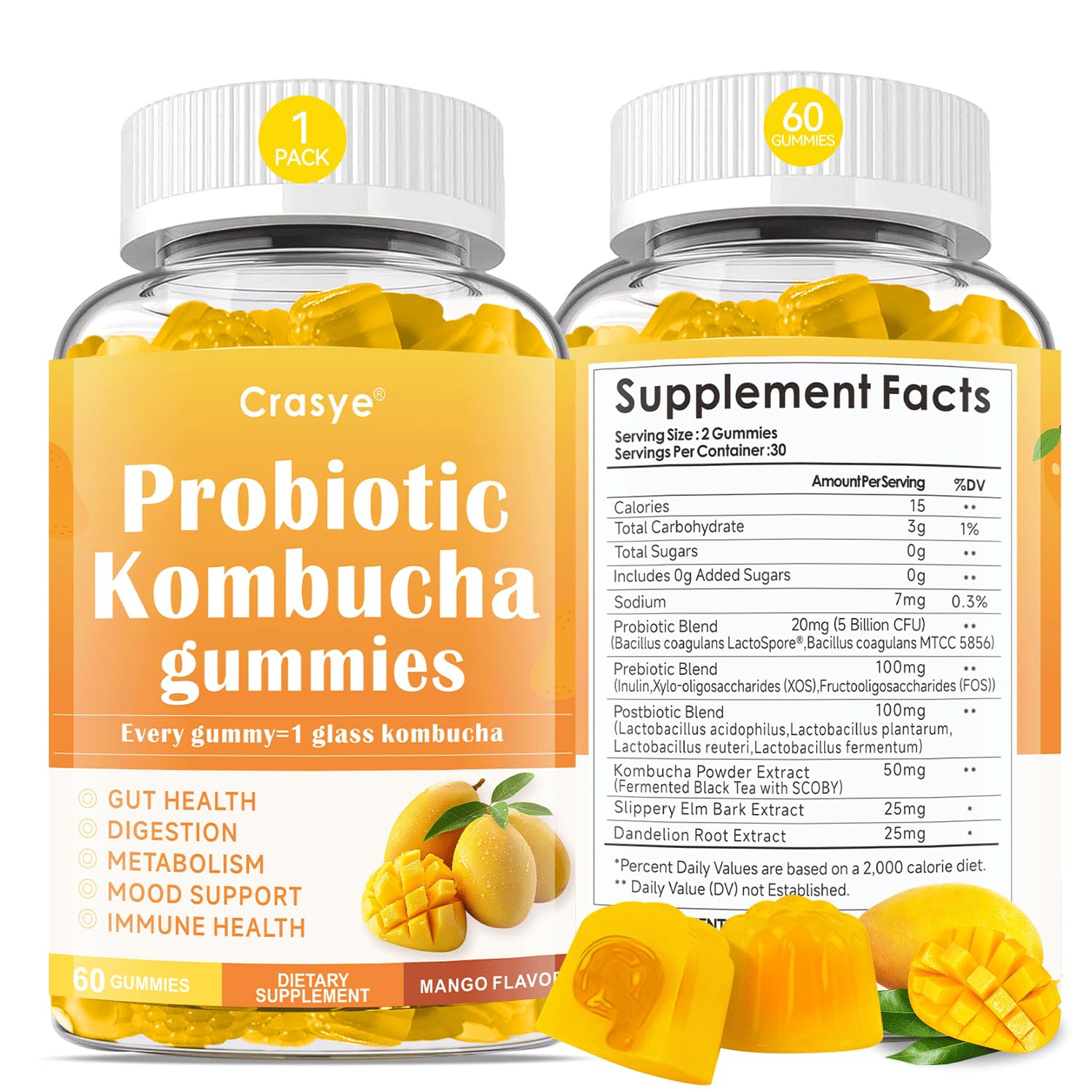 Crasye Probiotic Kombucha Gummies Sugar Free Prebiotic Postbiotic Probiotics Gummies with Slippery Elm for Women and Men Bloating Gut Health Immune and Digestive Support - 60 Gummies - 30 Servings - OzHealthStandard