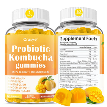 Crasye Probiotic Kombucha Gummies Sugar Free Prebiotic Postbiotic Probiotics Gummies with Slippery Elm for Women and Men Bloating Gut Health Immune and Digestive Support - 60 Gummies - 30 Servings - OzHealthStandard