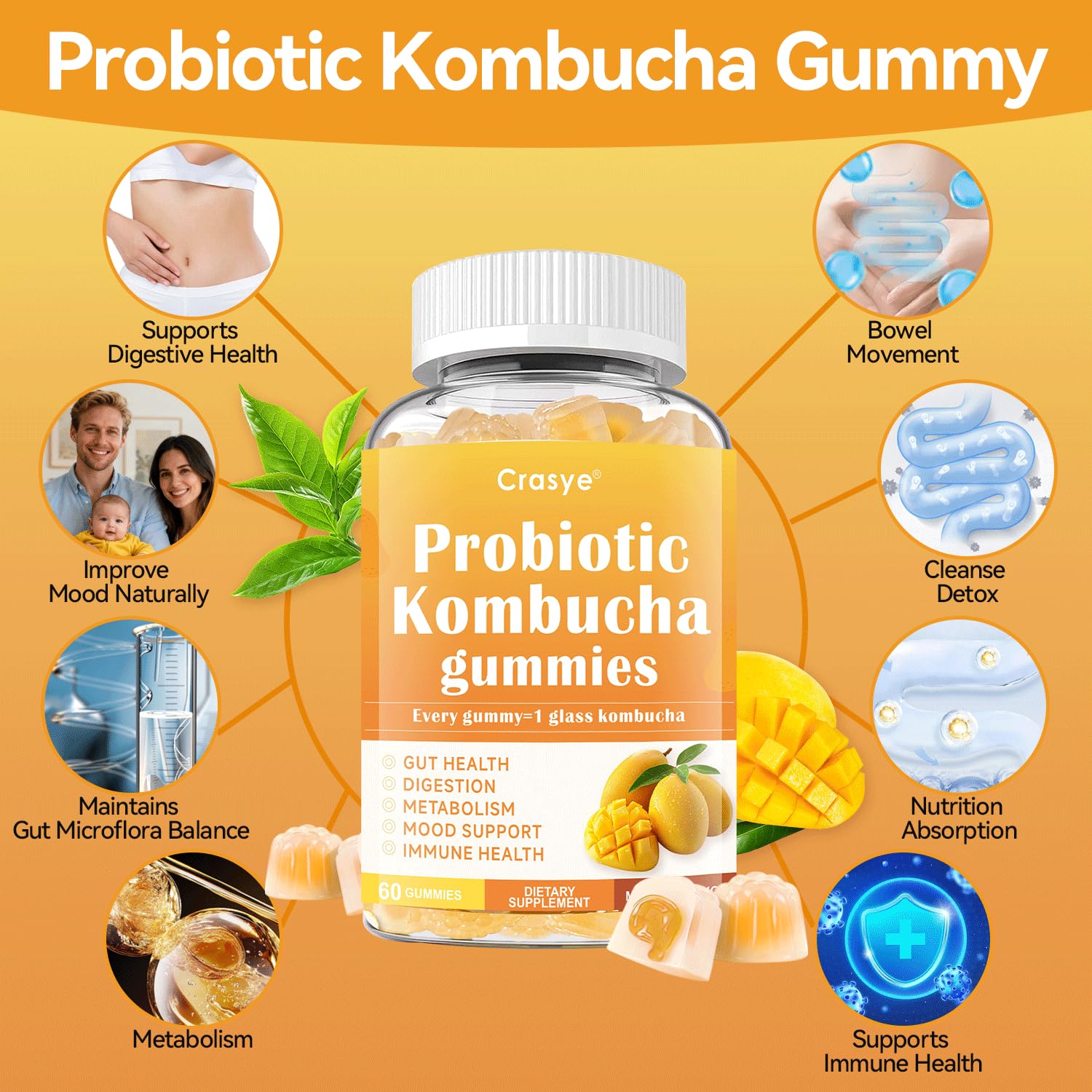 Crasye Probiotic Kombucha Gummies Sugar Free Prebiotic Postbiotic Probiotics Gummies with Slippery Elm for Women and Men Bloating Gut Health Immune and Digestive Support - 60 Gummies - 30 Servings - OzHealthStandard
