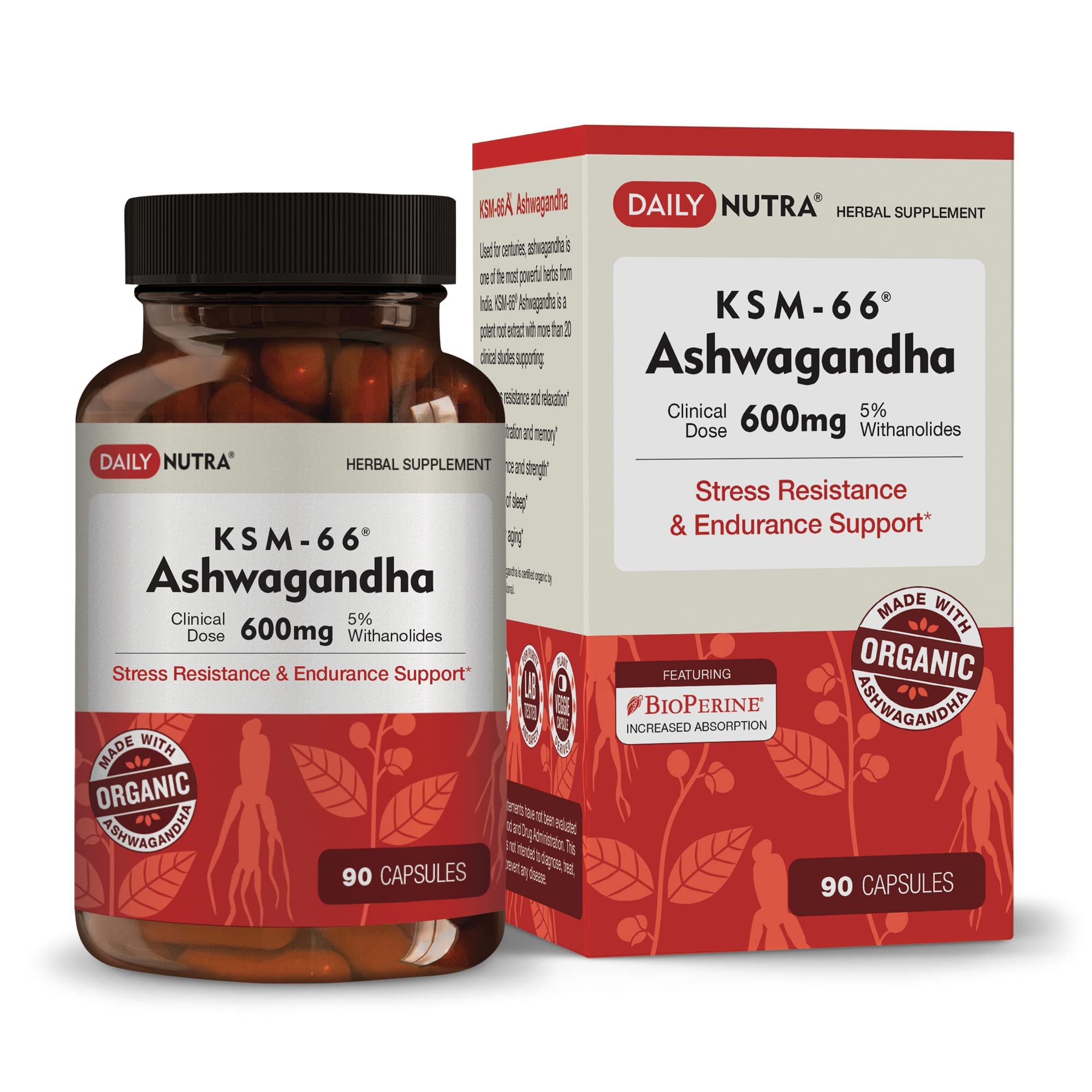 DailyNutra KSM-66 Ashwagandha 600mg Organic Root Extract - High Potency Supplement with 5% Withanolides | Relieves Tiredness, Supports Relaxation, Focus, Energy, & Muscle Growth (90 Capsules) - OzHealthStandard