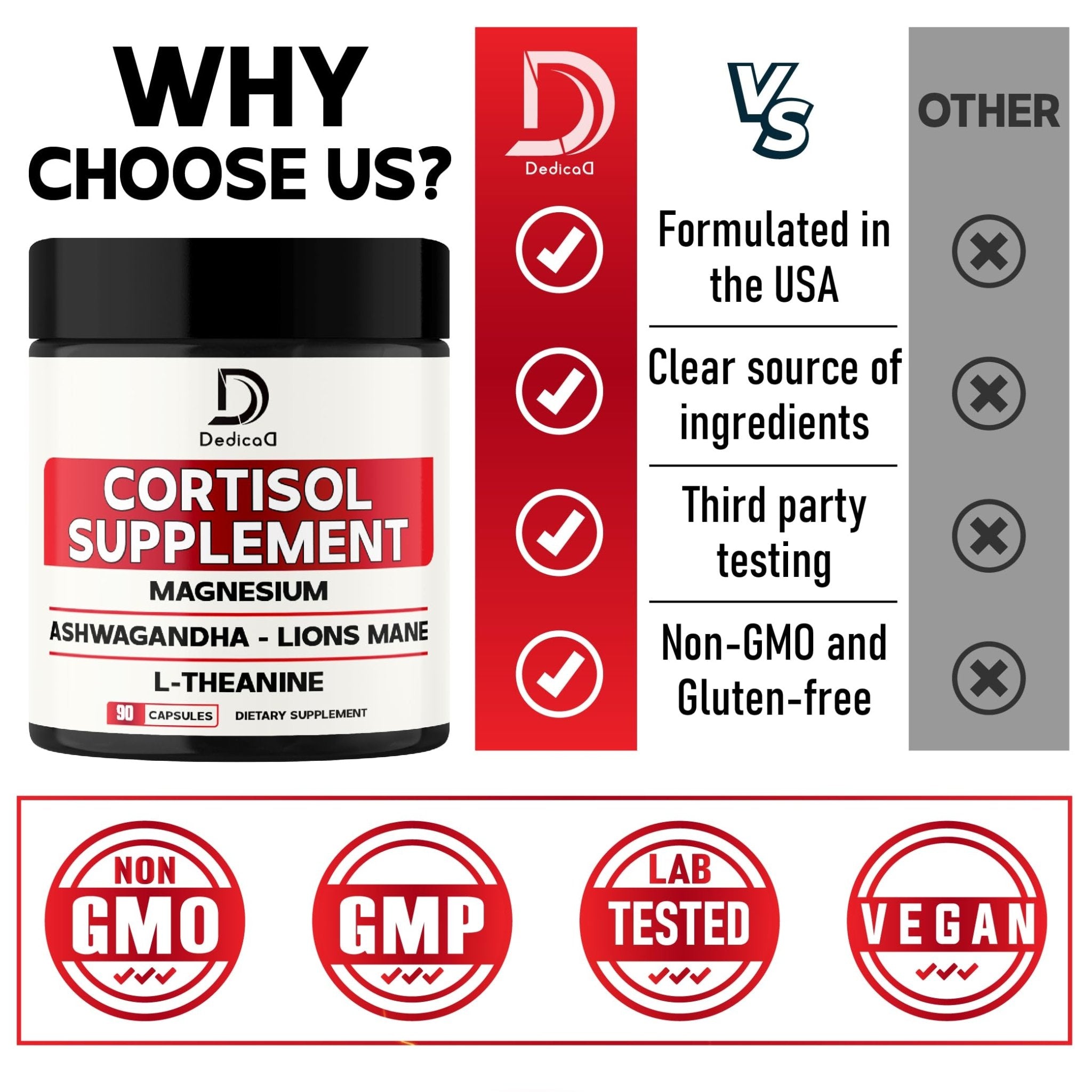 DEDICAD 9in1 Cortisol Supplement - Ashwagandha and Magnesium Glycinate and Chelate - Brain Health & Restful Night & Mood Balance - 90 Capsules Supply 45 Days - OzHealthStandard