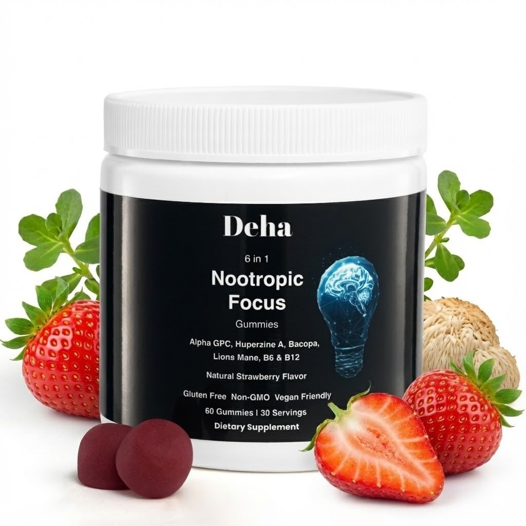 Deha Focus Gummies Nootropic Brain Supplement with Vitamin B6 Vitamin B12, Alpha GPC, Huperzine A, Bacopa Monnieri, Lions Mane Mushroom Gummies – Vegan, Non-GMO, Gluten-Free – 60 Gummies - OzHealthStandard