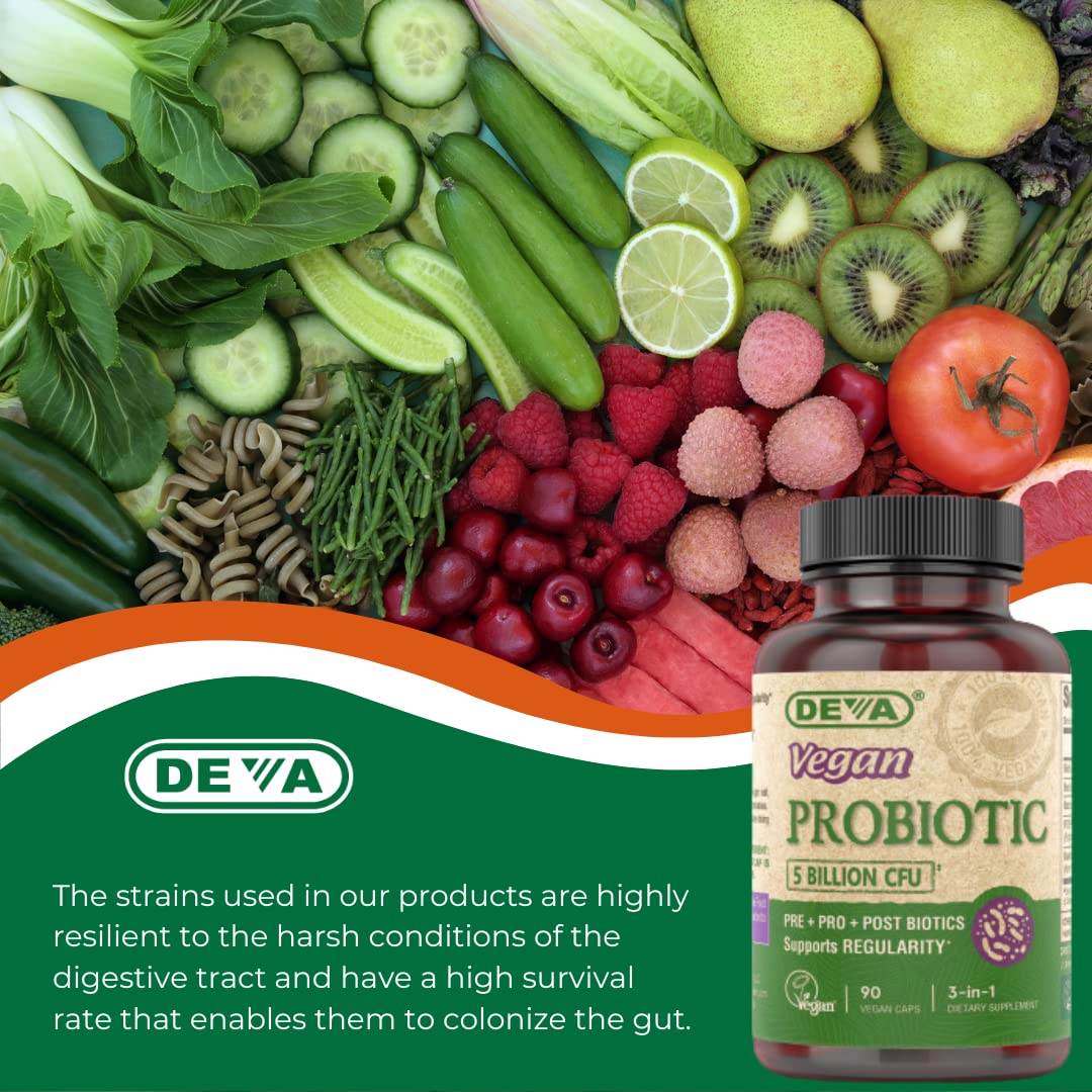 DEVA Vegan Probiotic Supplement - Pre, Pro, and Postbiotics for Digestive Health, 5 Billion CFU, Soil-Based, Spore-Forming, Dairy Free, FOS Prebiotics - OzHealthStandard