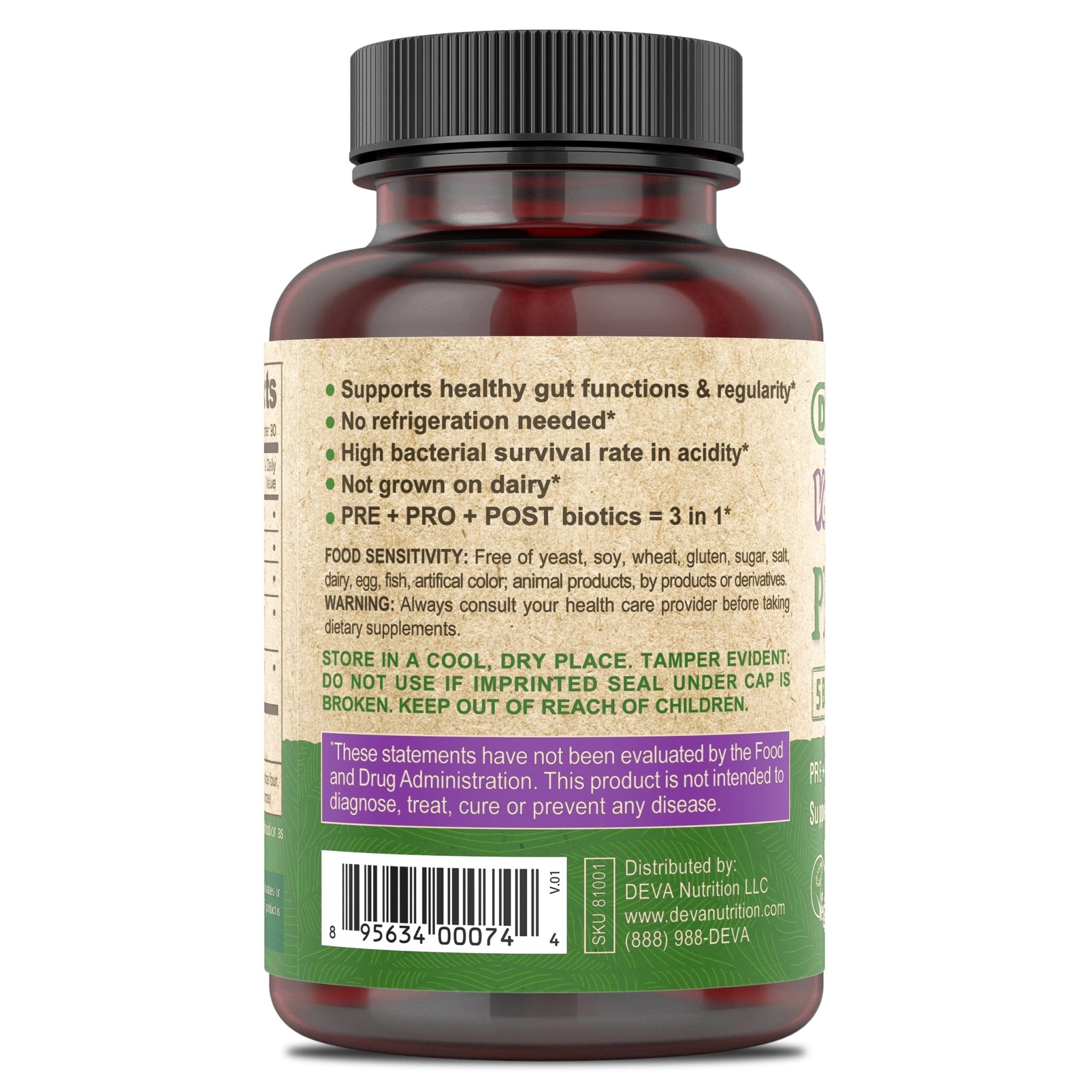 DEVA Vegan Probiotic Supplement - Pre, Pro, and Postbiotics for Digestive Health, 5 Billion CFU, Soil-Based, Spore-Forming, Dairy Free, FOS Prebiotics - OzHealthStandard