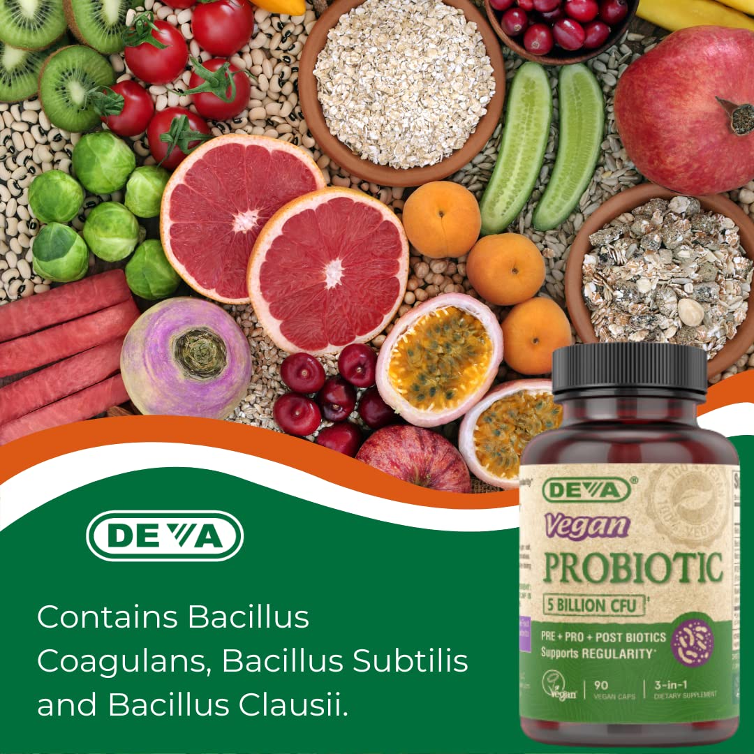 DEVA Vegan Probiotic Supplement - Pre, Pro, and Postbiotics for Digestive Health, 5 Billion CFU, Soil-Based, Spore-Forming, Dairy Free, FOS Prebiotics - OzHealthStandard