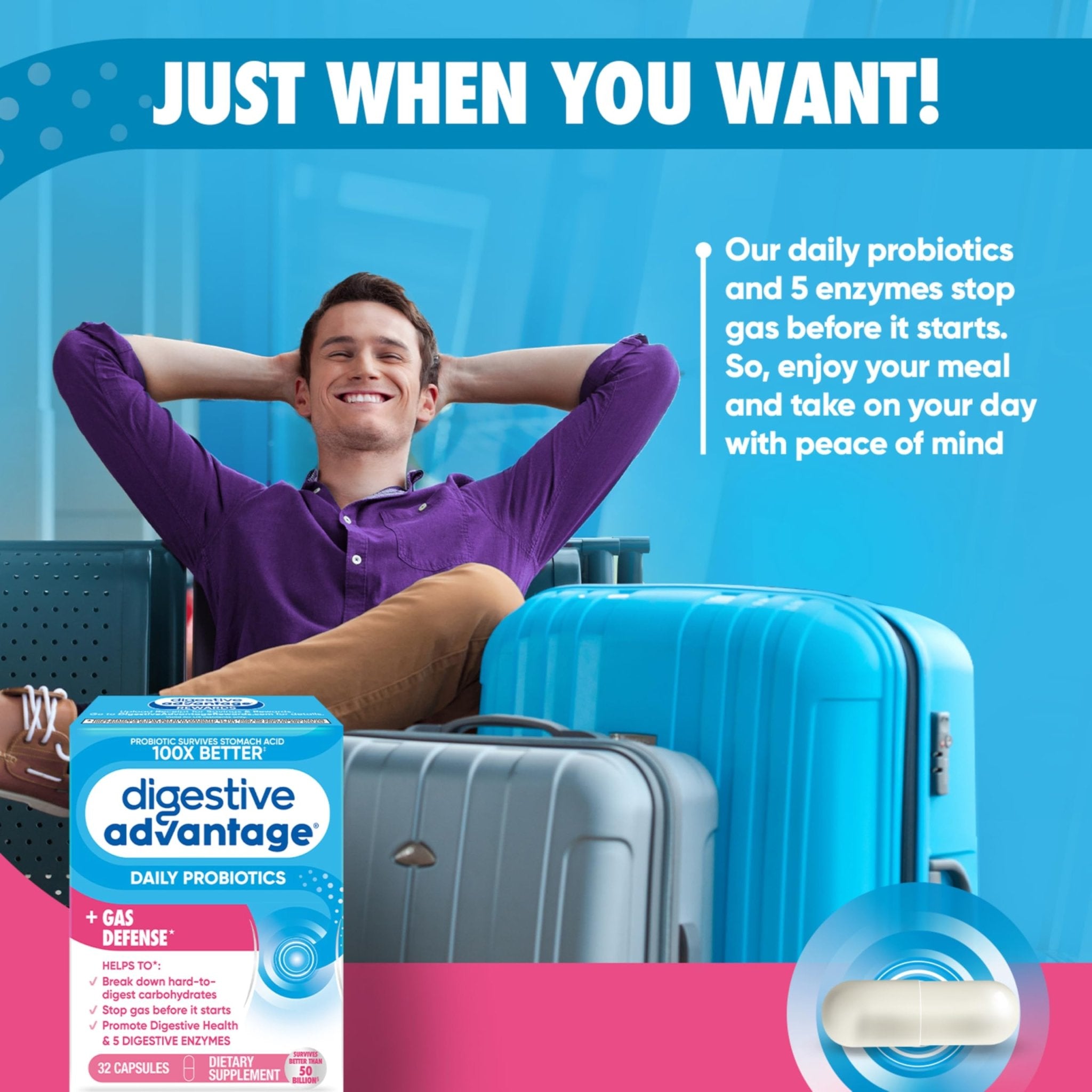 Digestive Enzyme and Probiotic Capsule- Digestive Advantage 32 Capsules, Survives 100x Better than regular 50 billion CFU, Breaks down food, helps prevent gas - OzHealthStandard