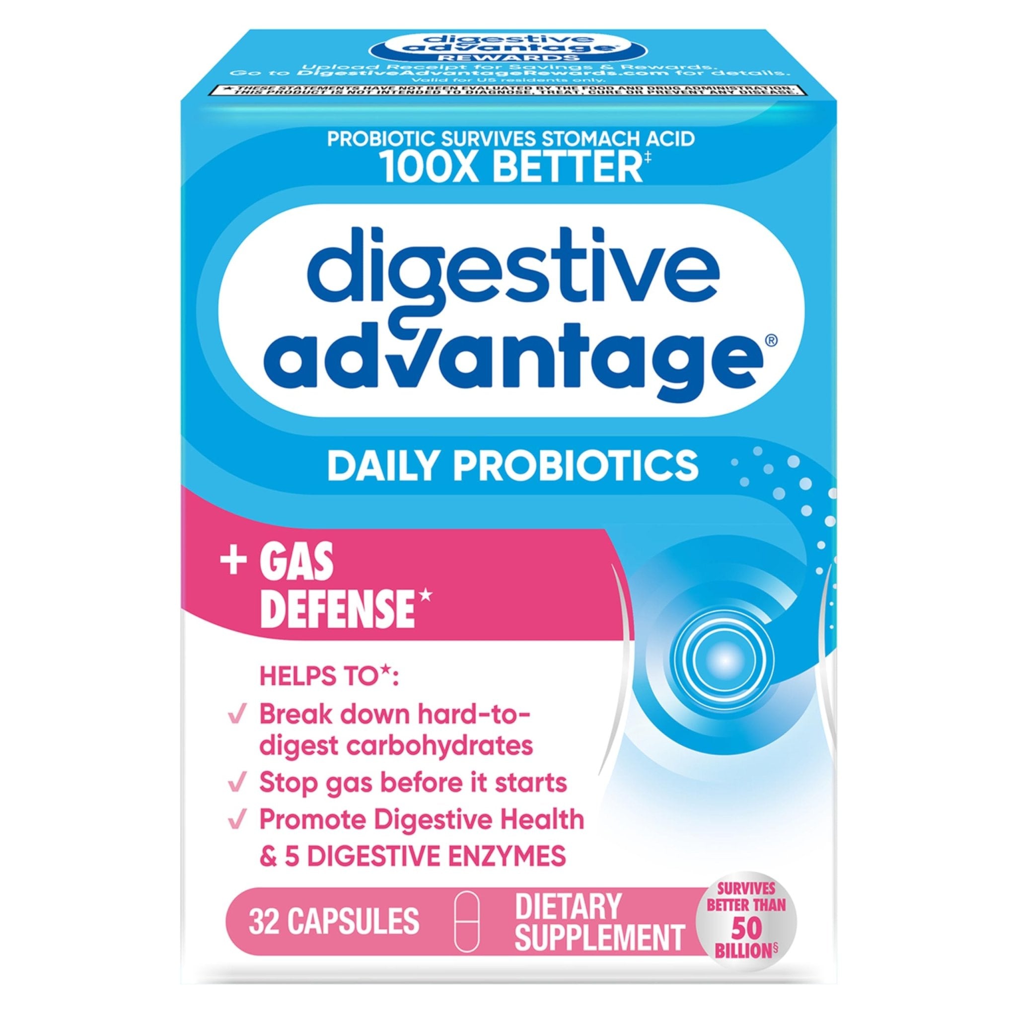 Digestive Enzyme and Probiotic Capsule- Digestive Advantage 32 Capsules, Survives 100x Better than regular 50 billion CFU, Breaks down food, helps prevent gas - OzHealthStandard