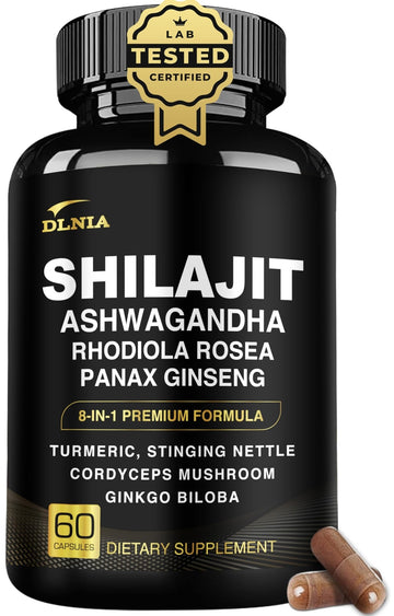 DLNIA 8-in-1 Shilajit for Men & Women with Ashwaganda Himalayan Organic Supplement with Rhodiola Rosea, Ginseng, Turmeric, Mushroom, for Immune Support, Energy, Calm, Focus, Clarity, Sleep, Cortisol - OzHealthStandard