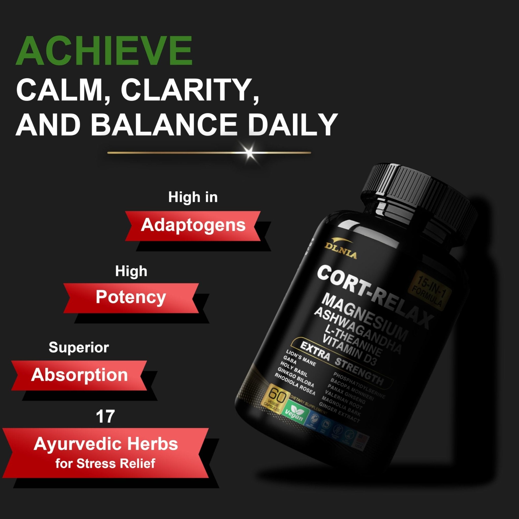 DLNIA Super Calm Cortisol Supplement with Magnesium Glycinate, Ashwagandha KSM-66, L-Theanine, Phosphatidylserine, Ginkgo Biloba & Lions Mane for Calm, Focus, Mental Clarity, Relaxation, Sleep, Energy - OzHealthStandard