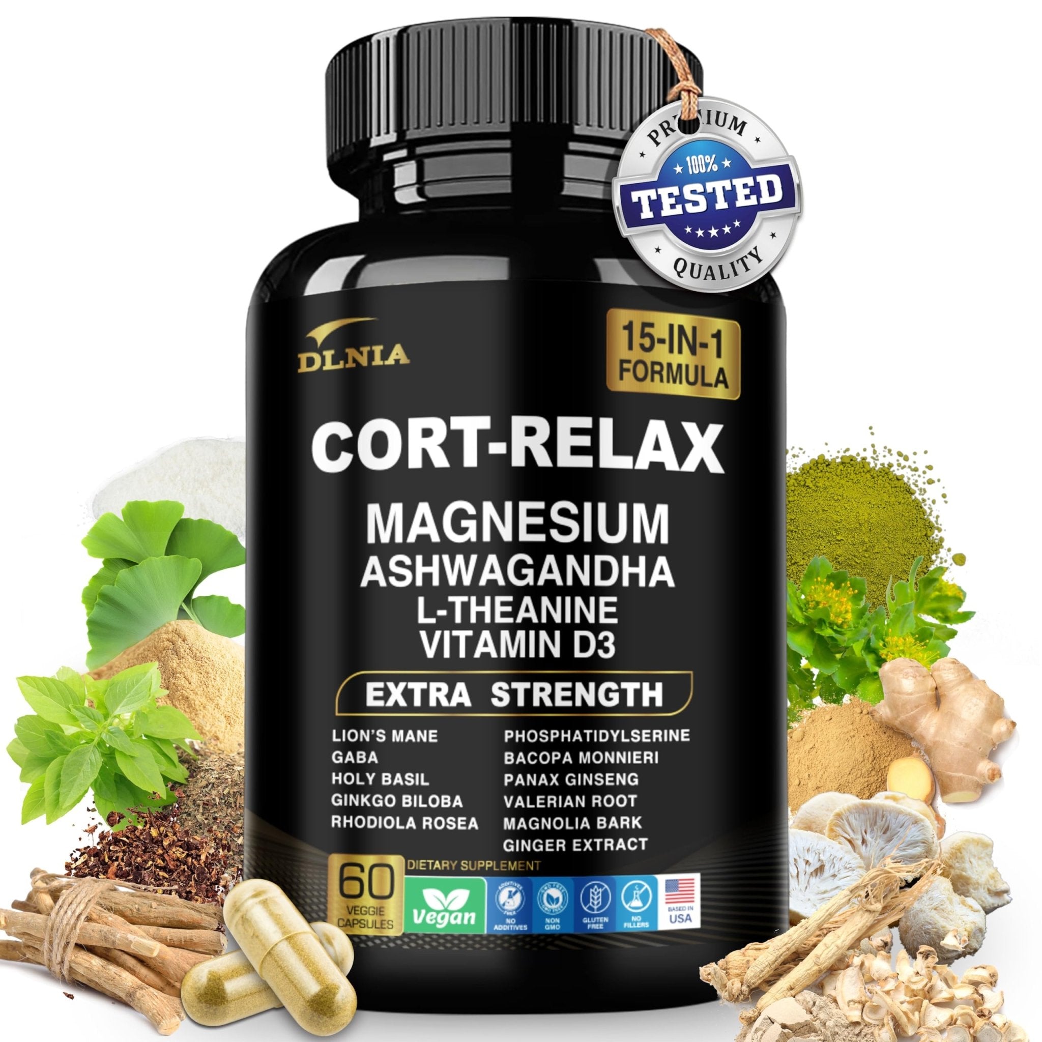 DLNIA Super Calm Cortisol Supplement with Magnesium Glycinate, Ashwagandha KSM-66, L-Theanine, Phosphatidylserine, Ginkgo Biloba & Lions Mane for Calm, Focus, Mental Clarity, Relaxation, Sleep, Energy - OzHealthStandard