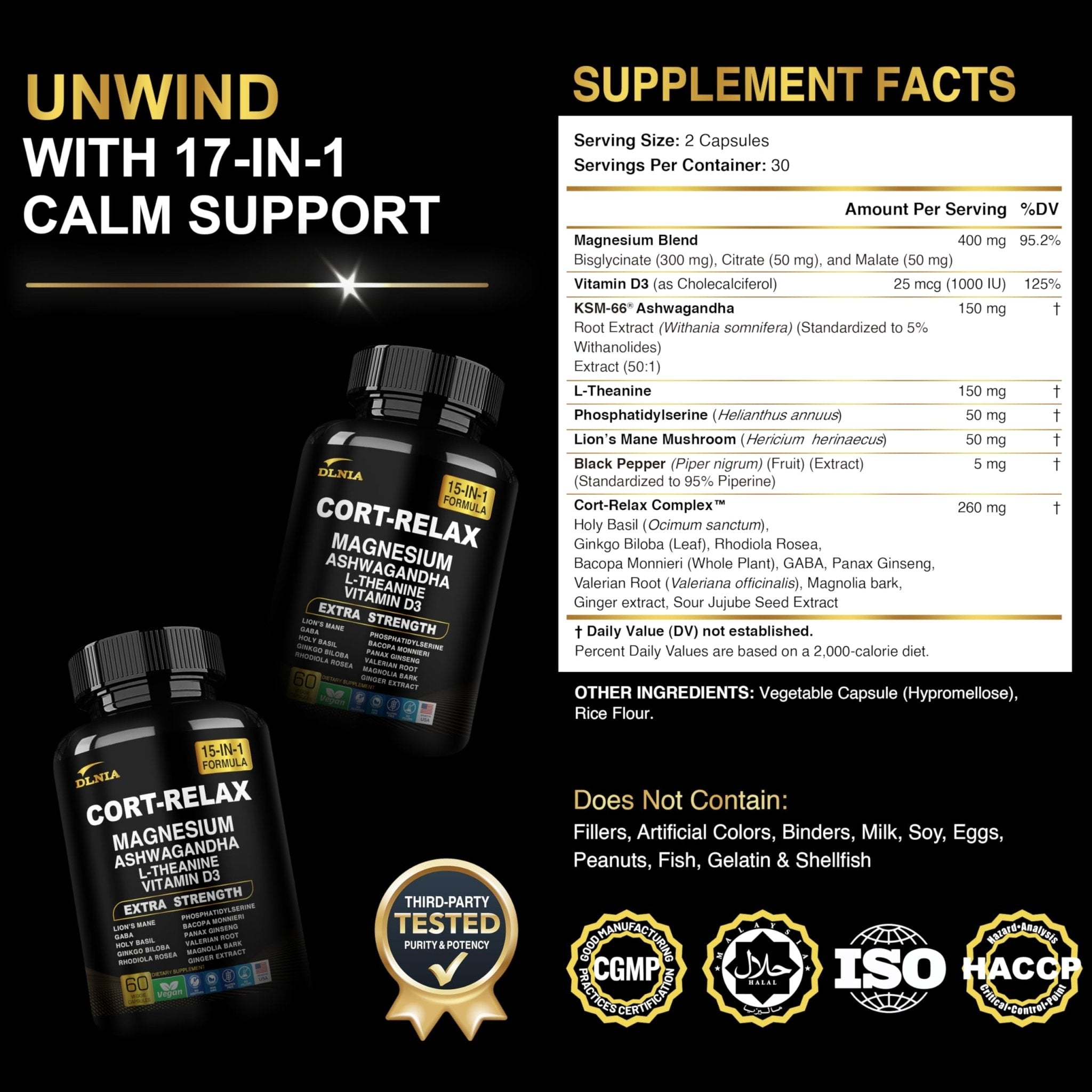 DLNIA Super Calm Cortisol Supplement with Magnesium Glycinate, Ashwagandha KSM-66, L-Theanine, Phosphatidylserine, Ginkgo Biloba & Lions Mane for Calm, Focus, Mental Clarity, Relaxation, Sleep, Energy - OzHealthStandard