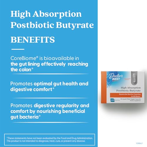 Doctor's BEST High Absorption Postbiotic Butyrate Featuring Corebiome, Gut & Immune Health, Non-GMO, Gluten Free, Soy Free, Vegan, 30 Liquid Veggie Caps - OzHealthStandard