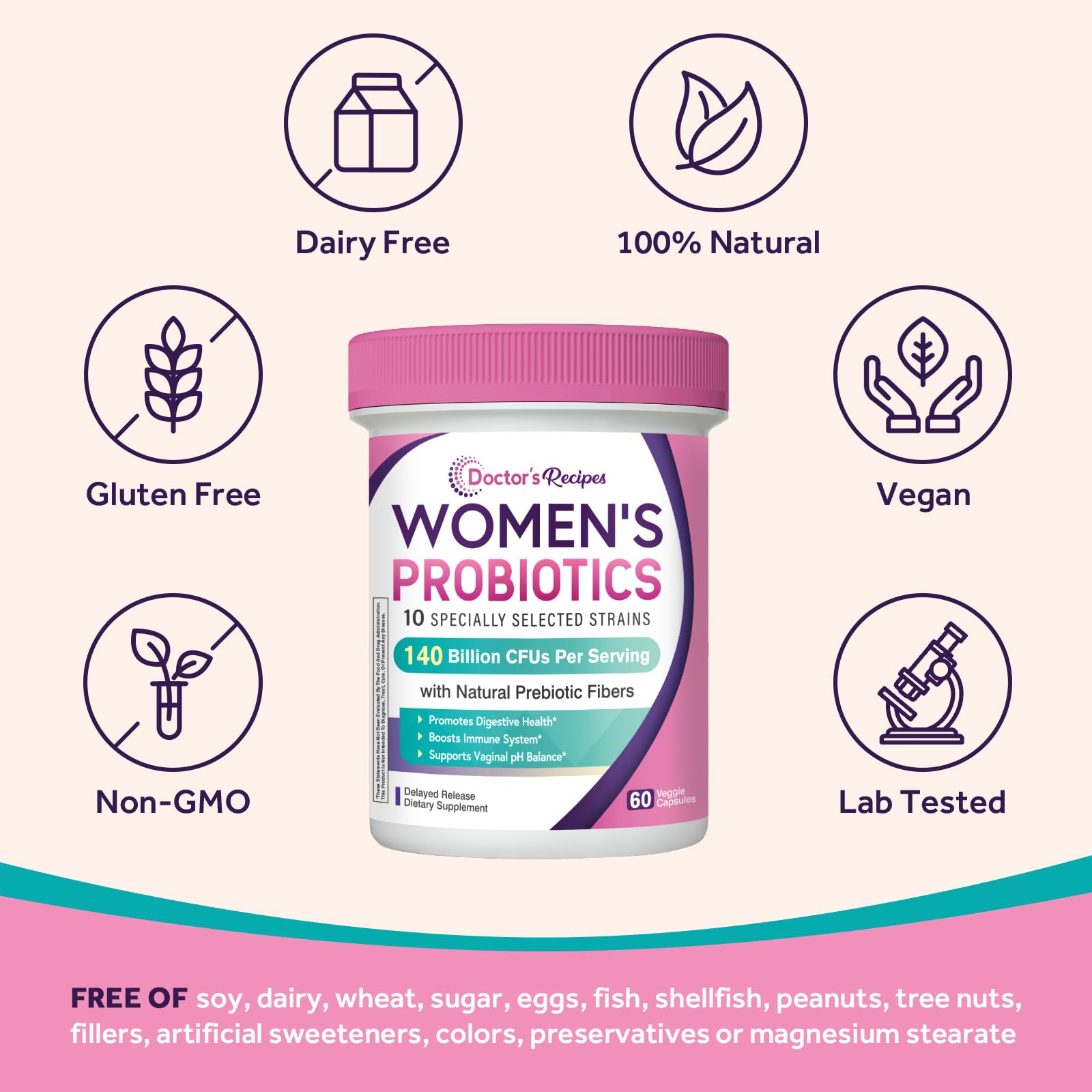 Doctor's Recipes Probiotics for Women, Organic Prebiotics and Probiotics for Digestive Health, Vaginal Health, 140 Billion CFU, 10 Strains, Shelf Stable, 60 Capsules - OzHealthStandard