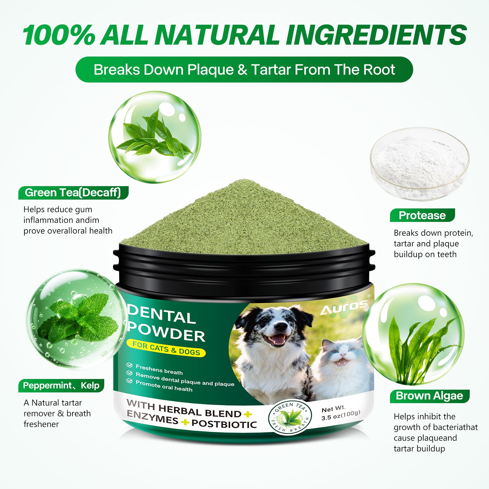 Dog Dental Powder for Teeth Cleaning Plaque & Bad Breath Off, Dental Powder for Dogs Teeth with Natural Herbal Blend & Postbiotics, Dog Teeth Cleaning Powder with Enzymes for Dogs & Cats (3.5oz) - OzHealthStandard