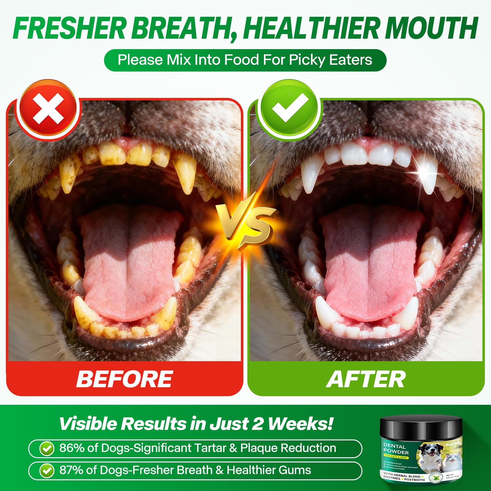 Dog Dental Powder for Teeth Cleaning Plaque & Bad Breath Off, Dental Powder for Dogs Teeth with Natural Herbal Blend & Postbiotics, Dog Teeth Cleaning Powder with Enzymes for Dogs & Cats (3.5oz) - OzHealthStandard