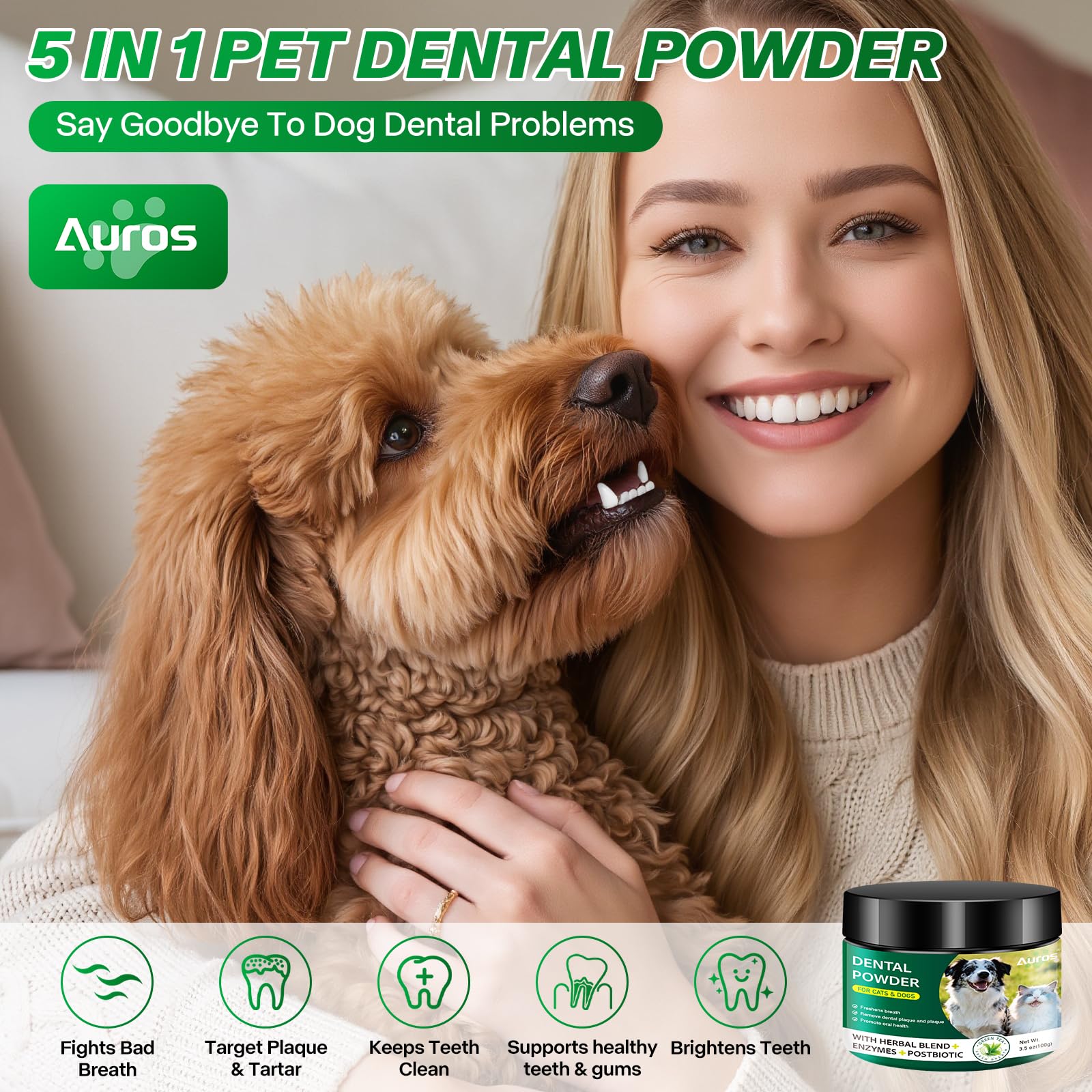 Dog Dental Powder for Teeth Cleaning Plaque & Bad Breath Off, Dental Powder for Dogs Teeth with Natural Herbal Blend & Postbiotics, Dog Teeth Cleaning Powder with Enzymes for Dogs & Cats (3.5oz) - OzHealthStandard
