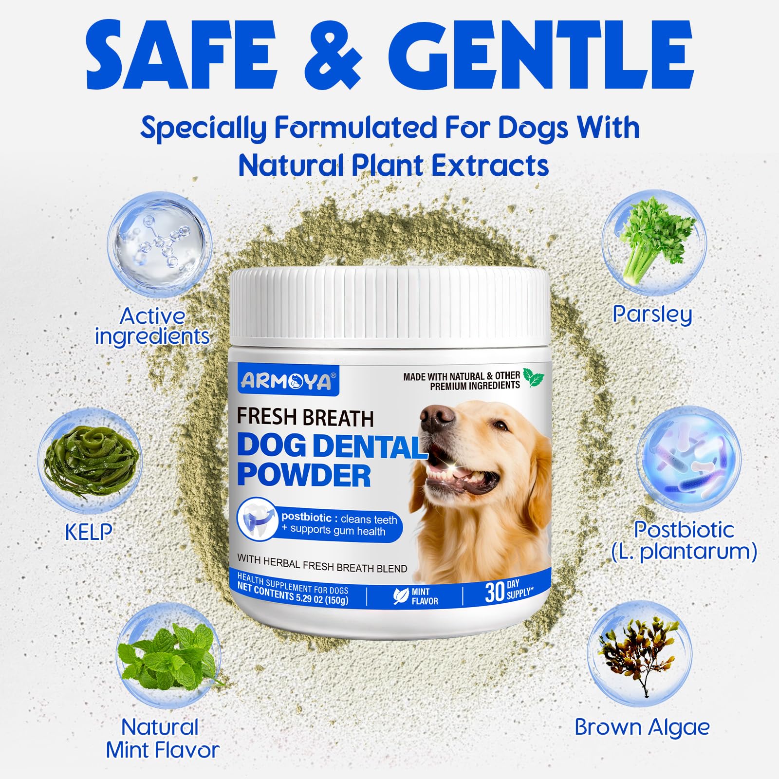 Dog Teeth Cleaning Powder - Dental Powder for Dogs Teeth - Plaque Removal - Supports Gum Health - Tartar Remover with Natural Herb Blend and Postbiotics 30 Day Supply - Mint Flavor - OzHealthStandard
