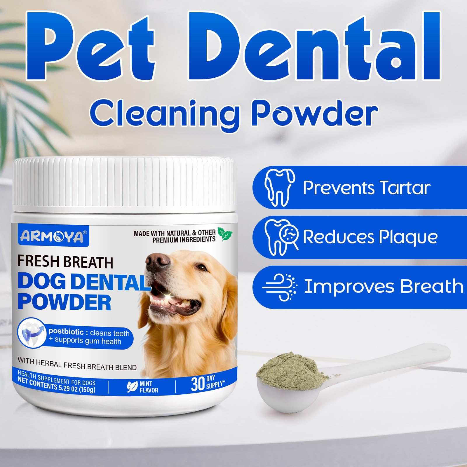 Dog Teeth Cleaning Powder - Dental Powder for Dogs Teeth - Plaque Removal - Supports Gum Health - Tartar Remover with Natural Herb Blend and Postbiotics 30 Day Supply - Mint Flavor - OzHealthStandard