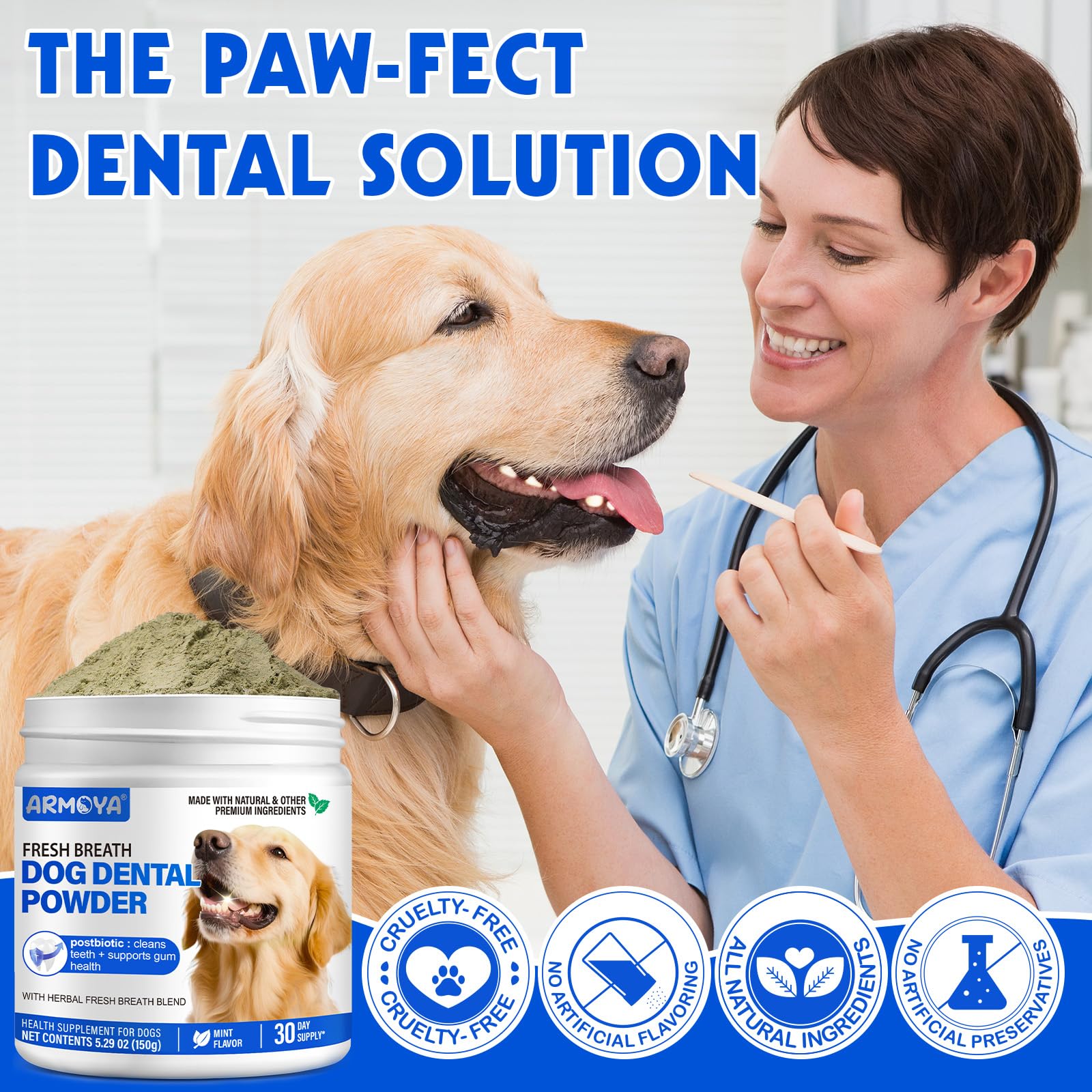 Dog Teeth Cleaning Powder - Dental Powder for Dogs Teeth - Plaque Removal - Supports Gum Health - Tartar Remover with Natural Herb Blend and Postbiotics 30 Day Supply - Mint Flavor - OzHealthStandard