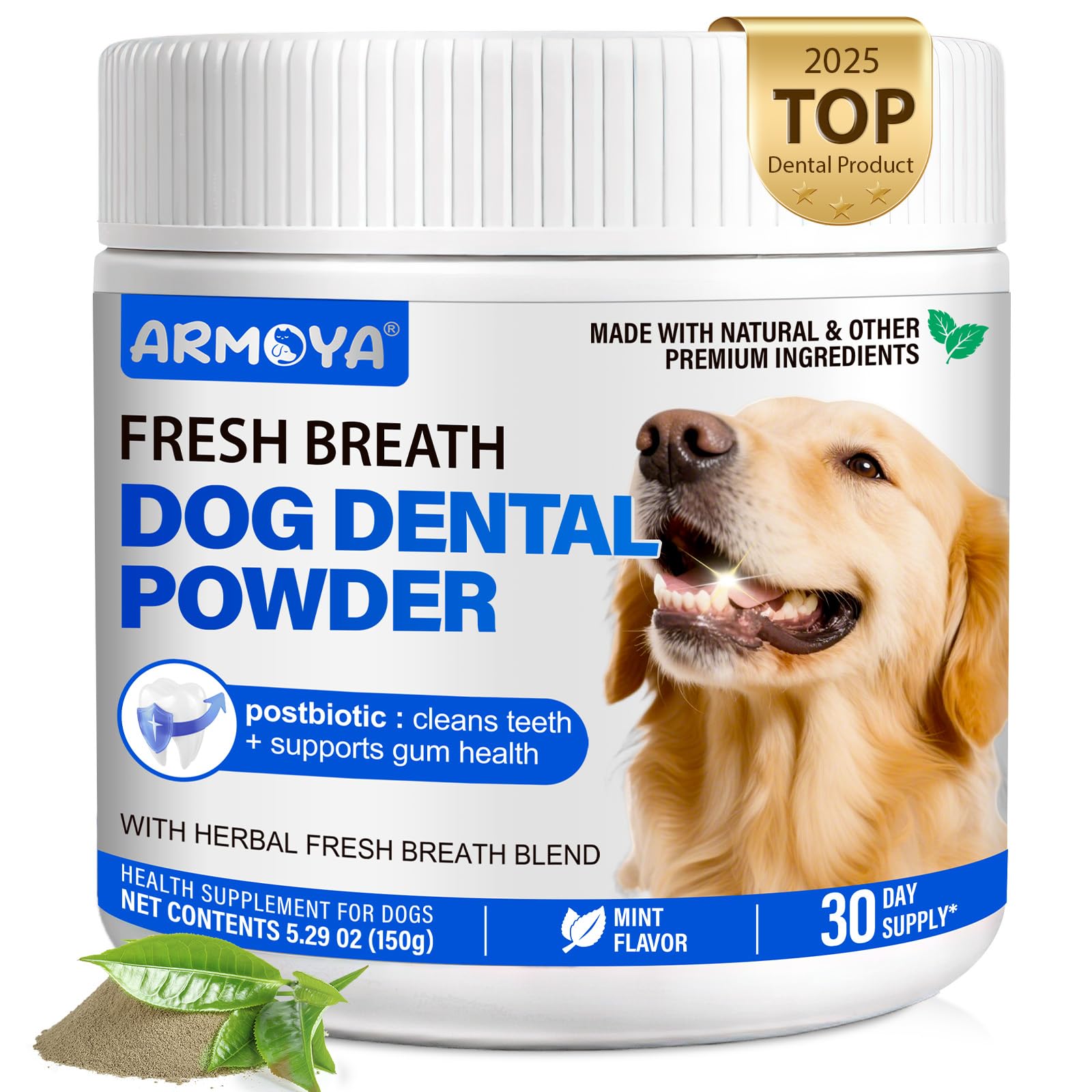 Dog Teeth Cleaning Powder - Dental Powder for Dogs Teeth - Plaque Removal - Supports Gum Health - Tartar Remover with Natural Herb Blend and Postbiotics 30 Day Supply - Mint Flavor - OzHealthStandard