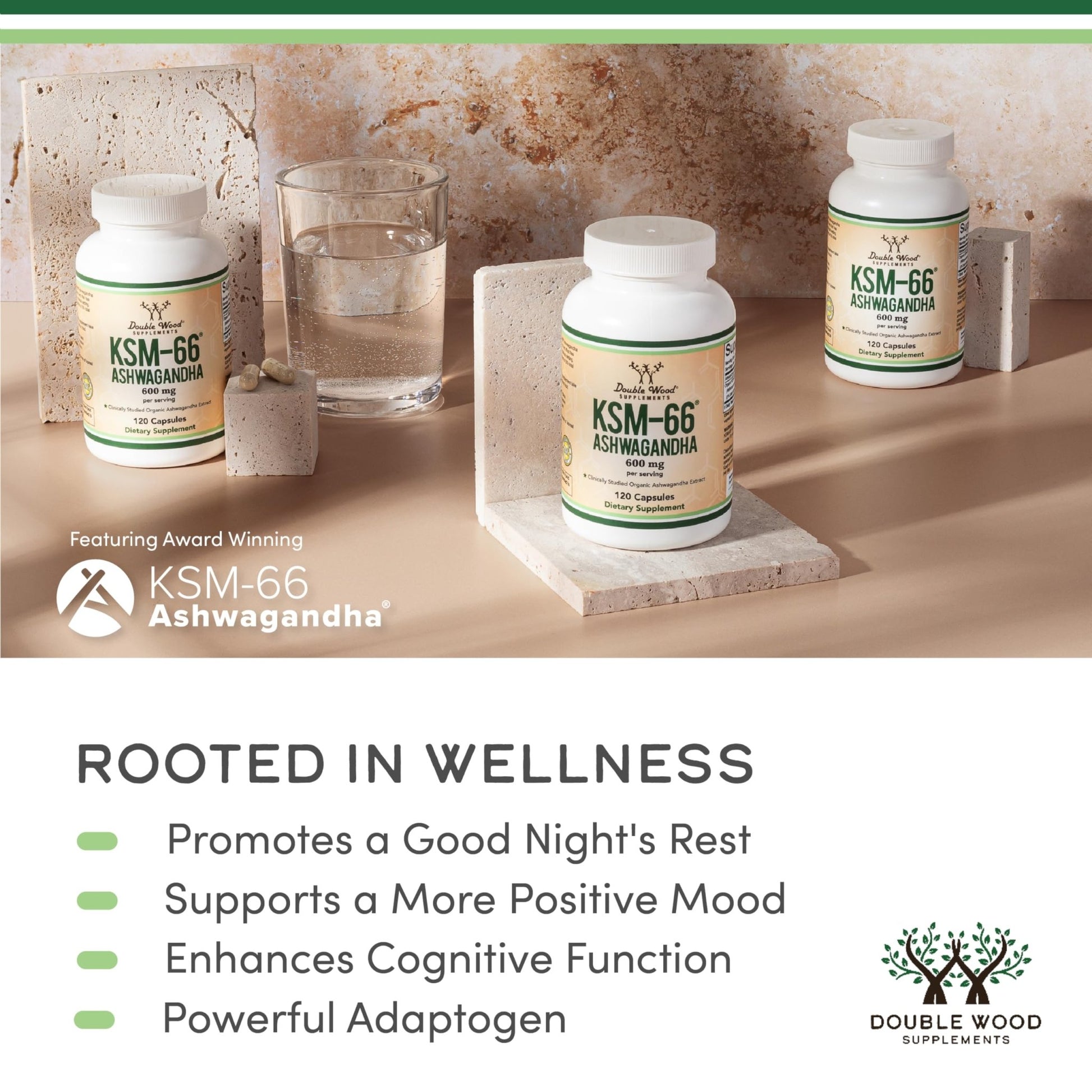 Double Wood Supplements Ashwagandha KSM 66 Organic and Clinically Studied Extract (600mg Per Serving, 120 Capsules, 60 Servings) - OzHealthStandard