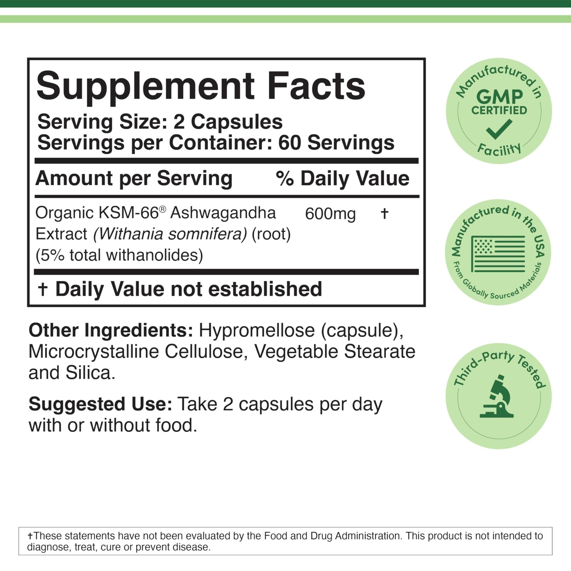 Double Wood Supplements Ashwagandha KSM 66 Organic and Clinically Studied Extract (600mg Per Serving, 120 Capsules, 60 Servings) - OzHealthStandard