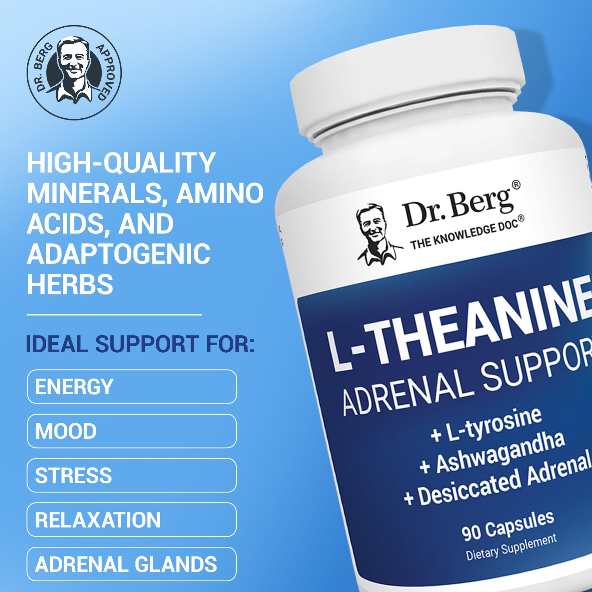 Dr. Berg L-Theanine 200mg - Includes Zinc, Copper, L-Tyrosine, & Ashwagandha – L-Theanine Supplement Adrenal Support - for Relaxation, Stress Relief, and Mental Clarity* – 90 Gelatin Capsules - OzHealthStandard