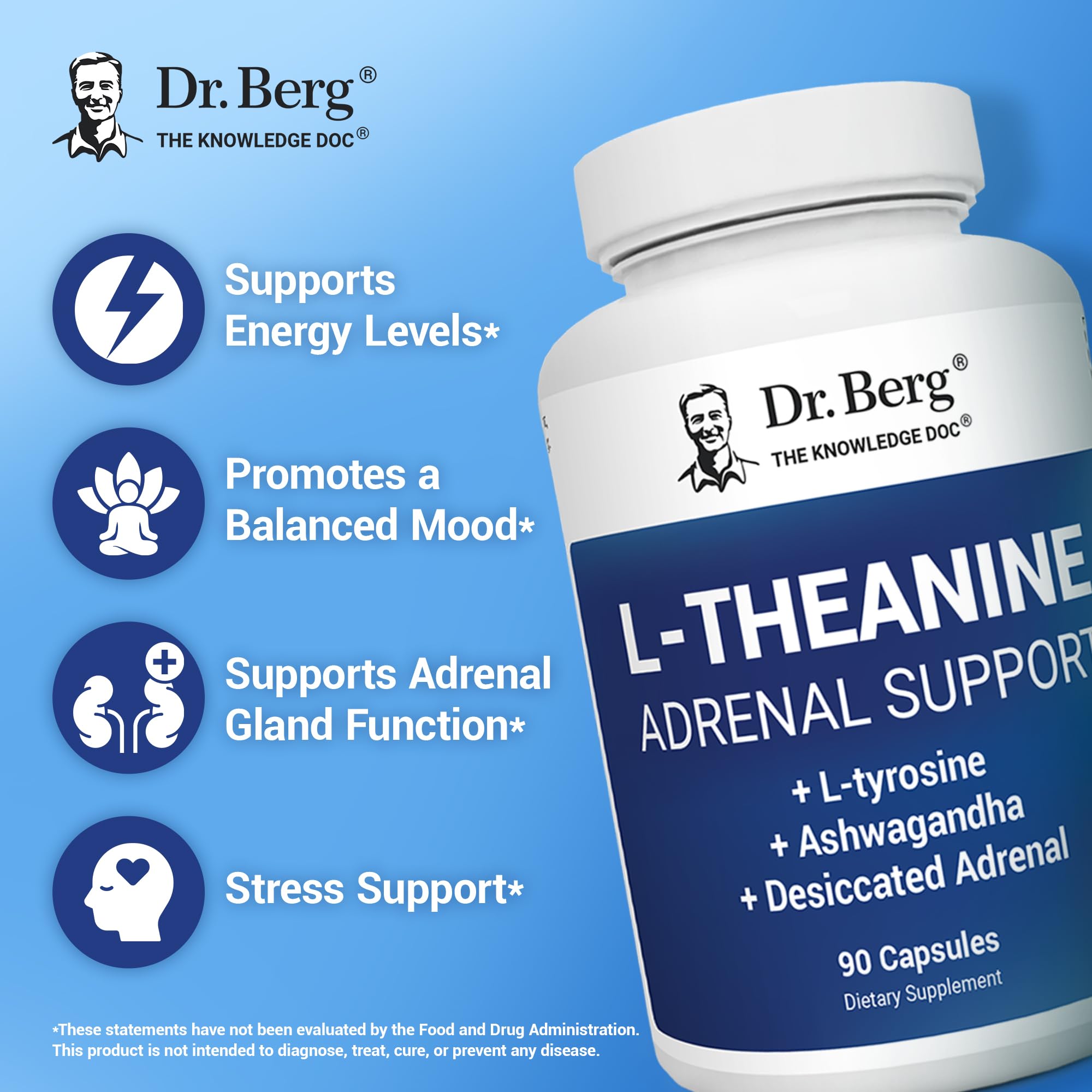 Dr. Berg L-Theanine 200mg - Includes Zinc, Copper, L-Tyrosine, & Ashwagandha – L-Theanine Supplement Adrenal Support - for Relaxation, Stress Relief, and Mental Clarity* – 90 Gelatin Capsules - OzHealthStandard