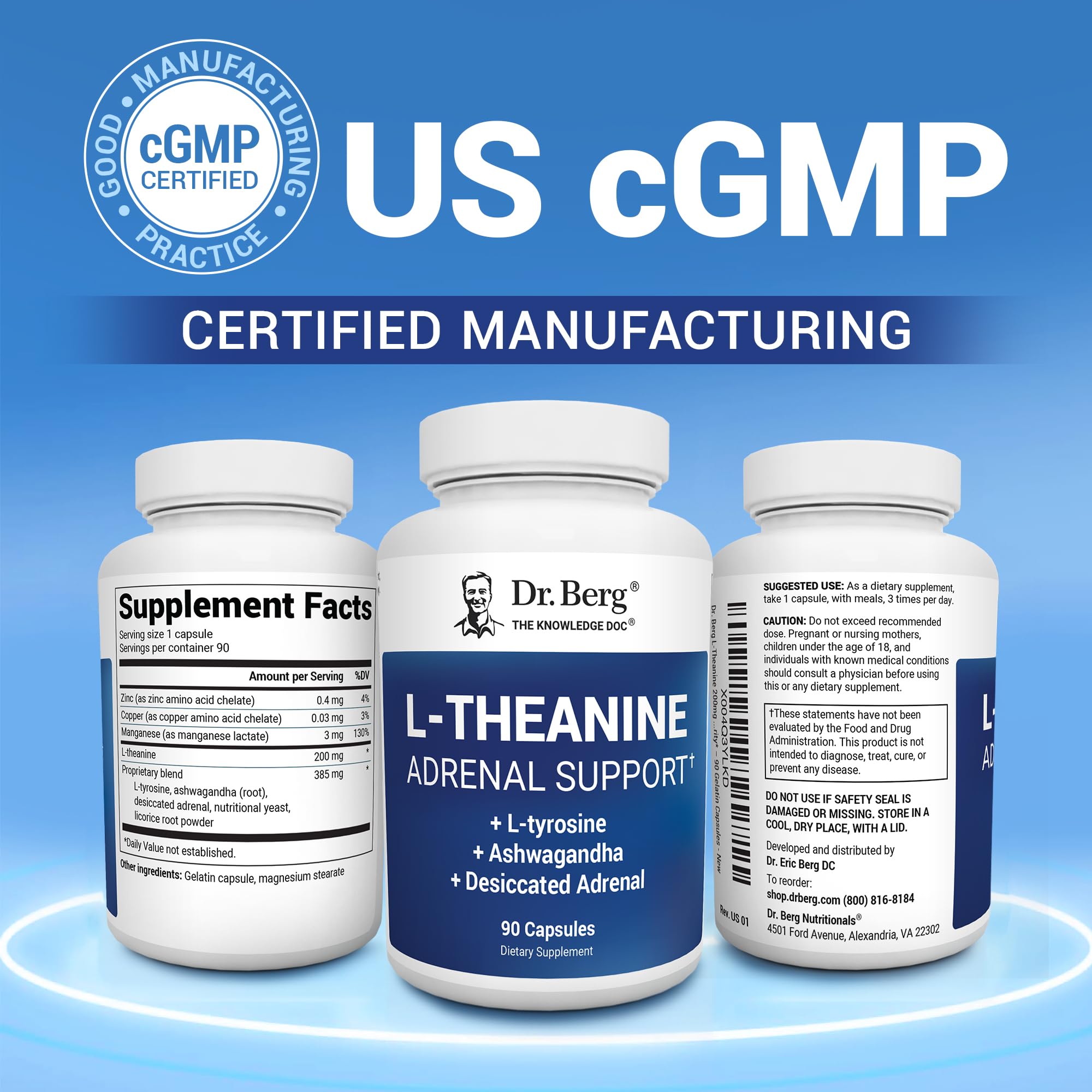 Dr. Berg L-Theanine 200mg - Includes Zinc, Copper, L-Tyrosine, & Ashwagandha – L-Theanine Supplement Adrenal Support - for Relaxation, Stress Relief, and Mental Clarity* – 90 Gelatin Capsules - OzHealthStandard