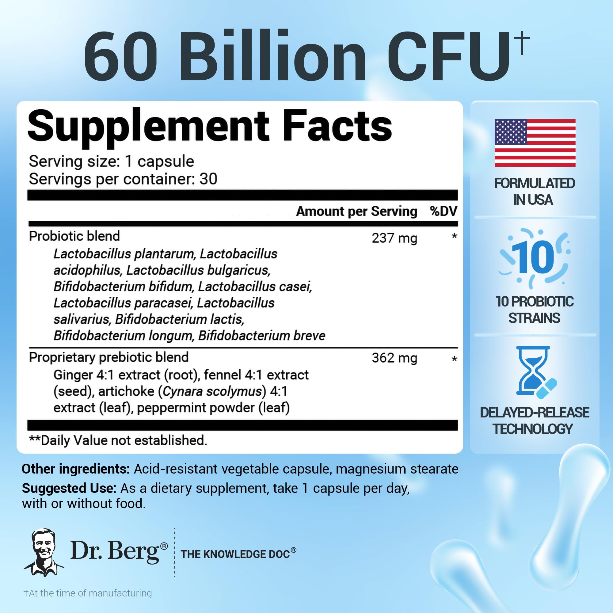 Dr. Berg Probiotic Supplement (60 Billion CFUs) - Helps Ease Occasional Constipation, Diarrhea, Gas & Bloating* - Pre and Probiotics for Digestive Health - 30 Probiotic Capsules - OzHealthStandard