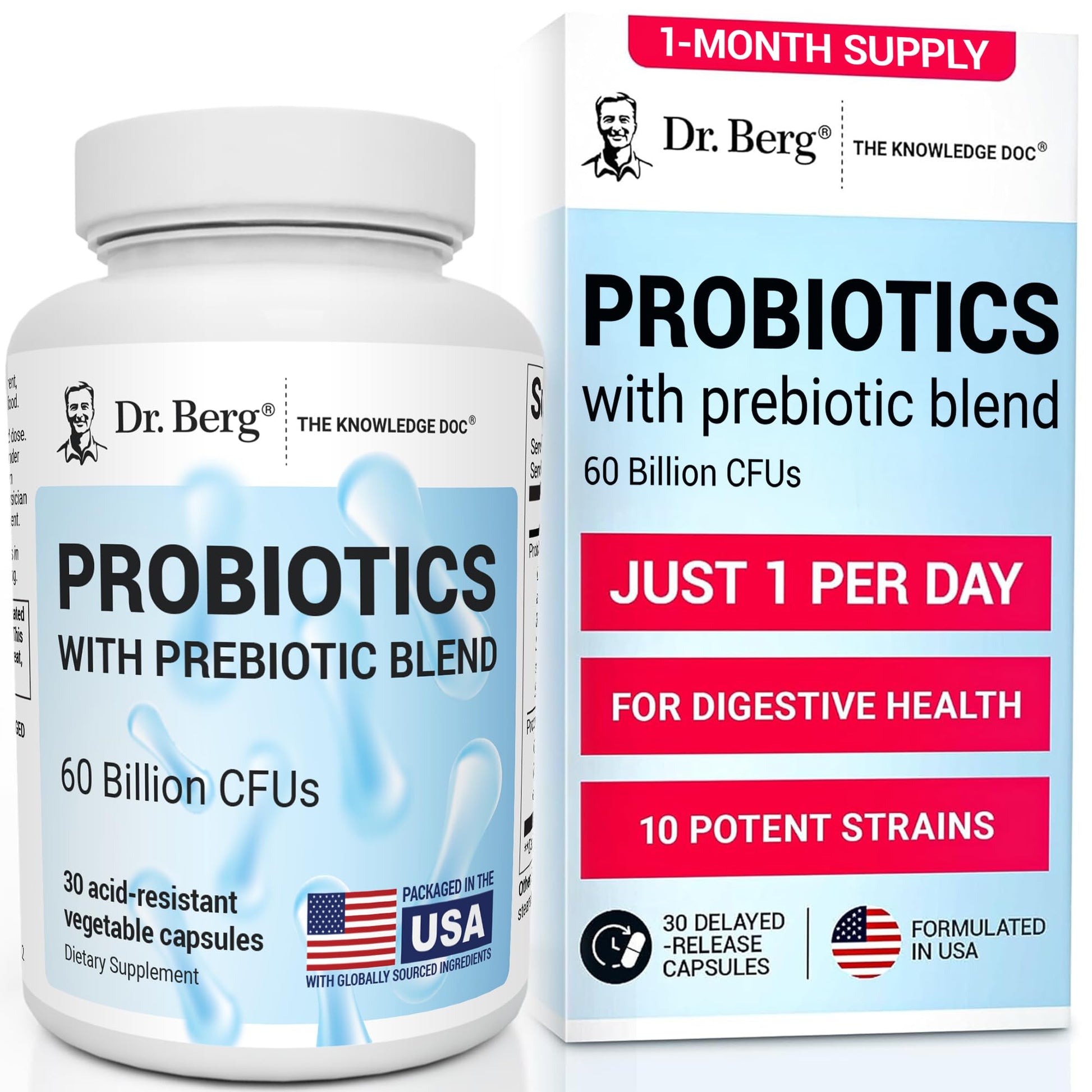 Dr. Berg Probiotic Supplement (60 Billion CFUs) - Helps Ease Occasional Constipation, Diarrhea, Gas & Bloating* - Pre and Probiotics for Digestive Health - 30 Probiotic Capsules - OzHealthStandard