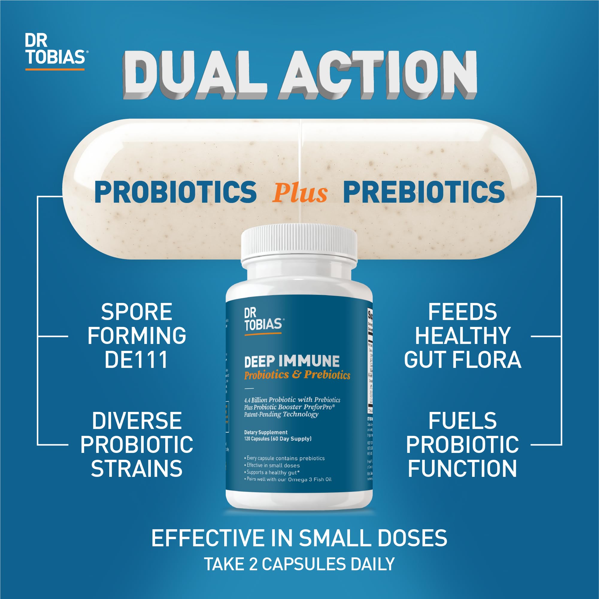 Dr. Tobias Deep Immune Probiotics & Prebiotics - Dual Action Digestion & Immune Support with PreforPro Prebiotics & Spore Forming Probiotics for Women & Men - 120 Capsules (60 Servings) - OzHealthStandard