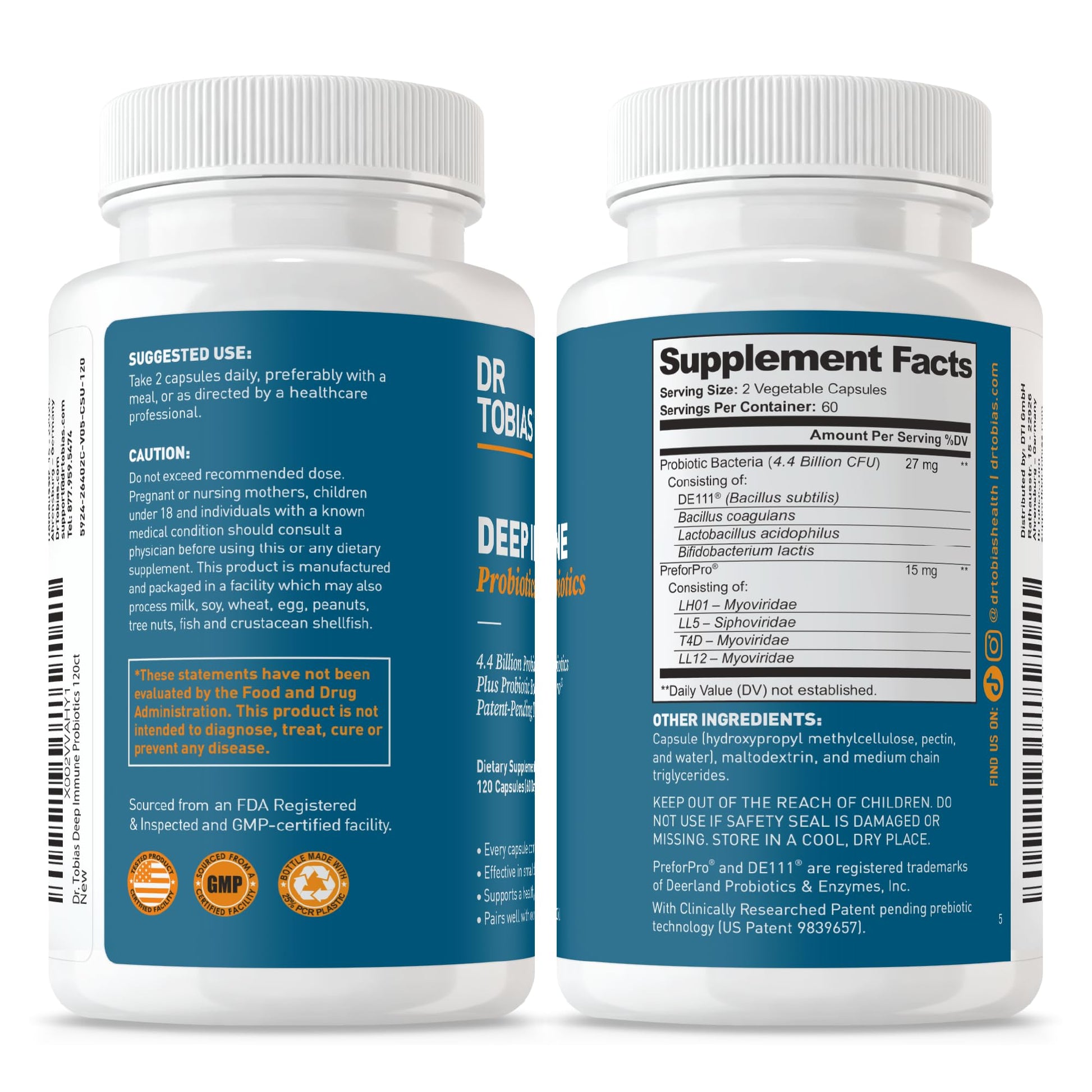 Dr. Tobias Deep Immune Probiotics & Prebiotics - Dual Action Digestion & Immune Support with PreforPro Prebiotics & Spore Forming Probiotics for Women & Men - 120 Capsules (60 Servings) - OzHealthStandard