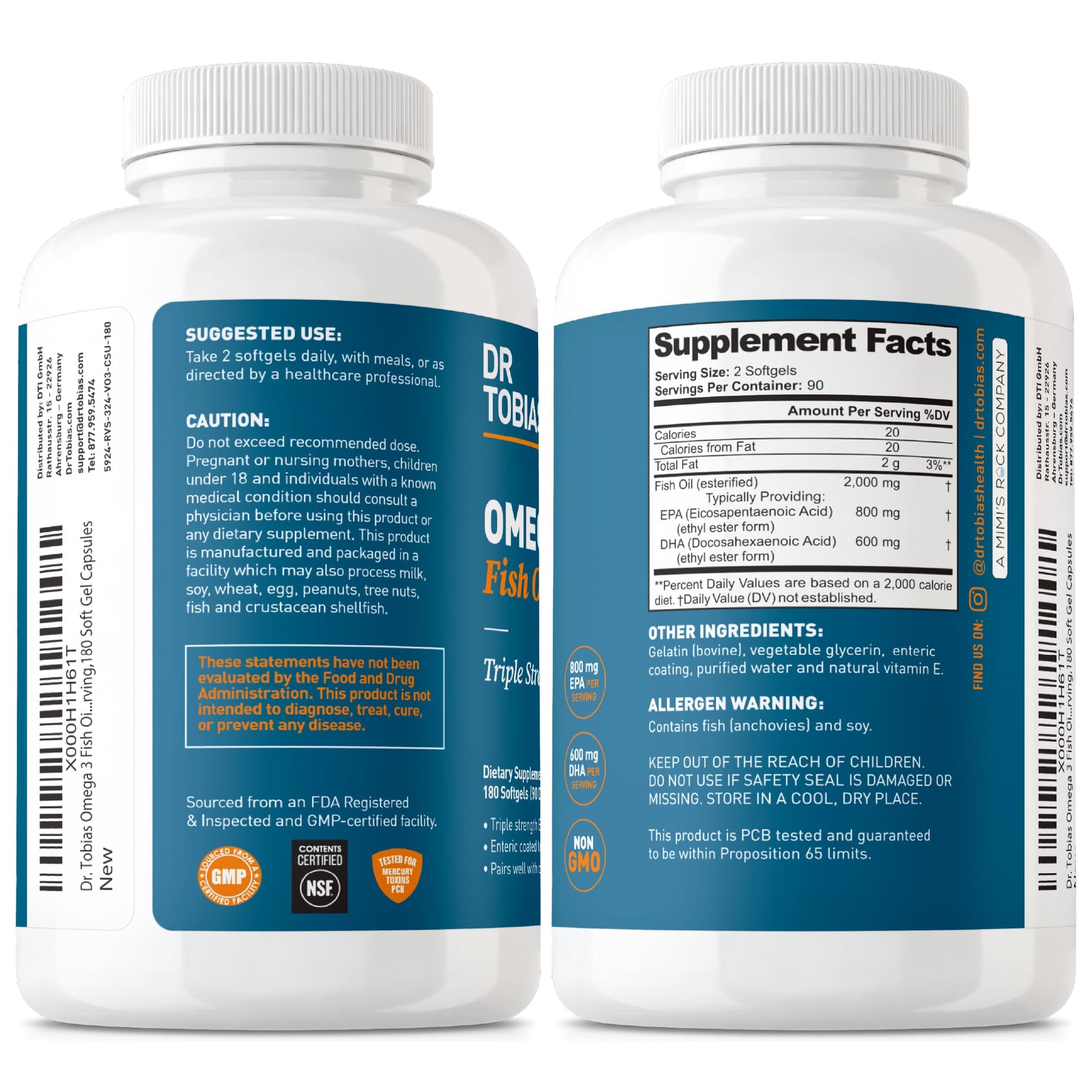 Dr. Tobias Omega 3 Fish Oil 2000mg Triple Strength with 800mg EPA 600mg DHA Per Serving | Fish Oil Omega 3 Supplements for Heart Brain & Immune Support - 180 Softgels (90 Servings) - OzHealthStandard