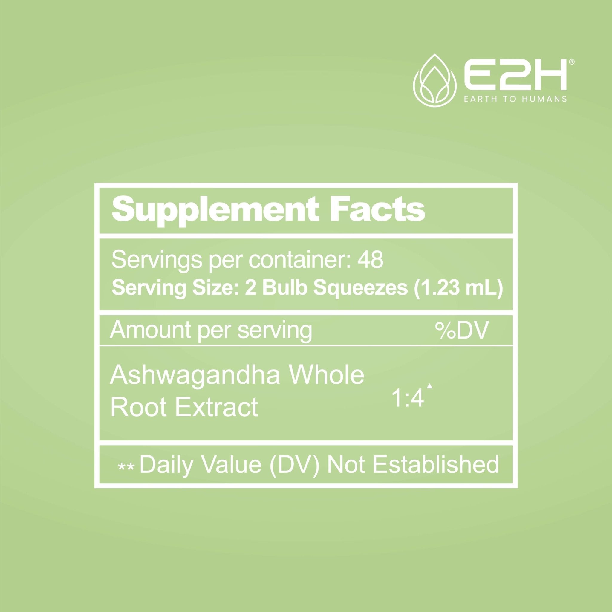 E2H Ashwagandha Liquid Drops - All-Natural Ashwagandha Supplement for Stress Relief and Mood Enhancer- Organic Ashwagandha Root Extract Effective Cortisol Manager | Non-GMO, Vegan | 2 Fl Oz - OzHealthStandard