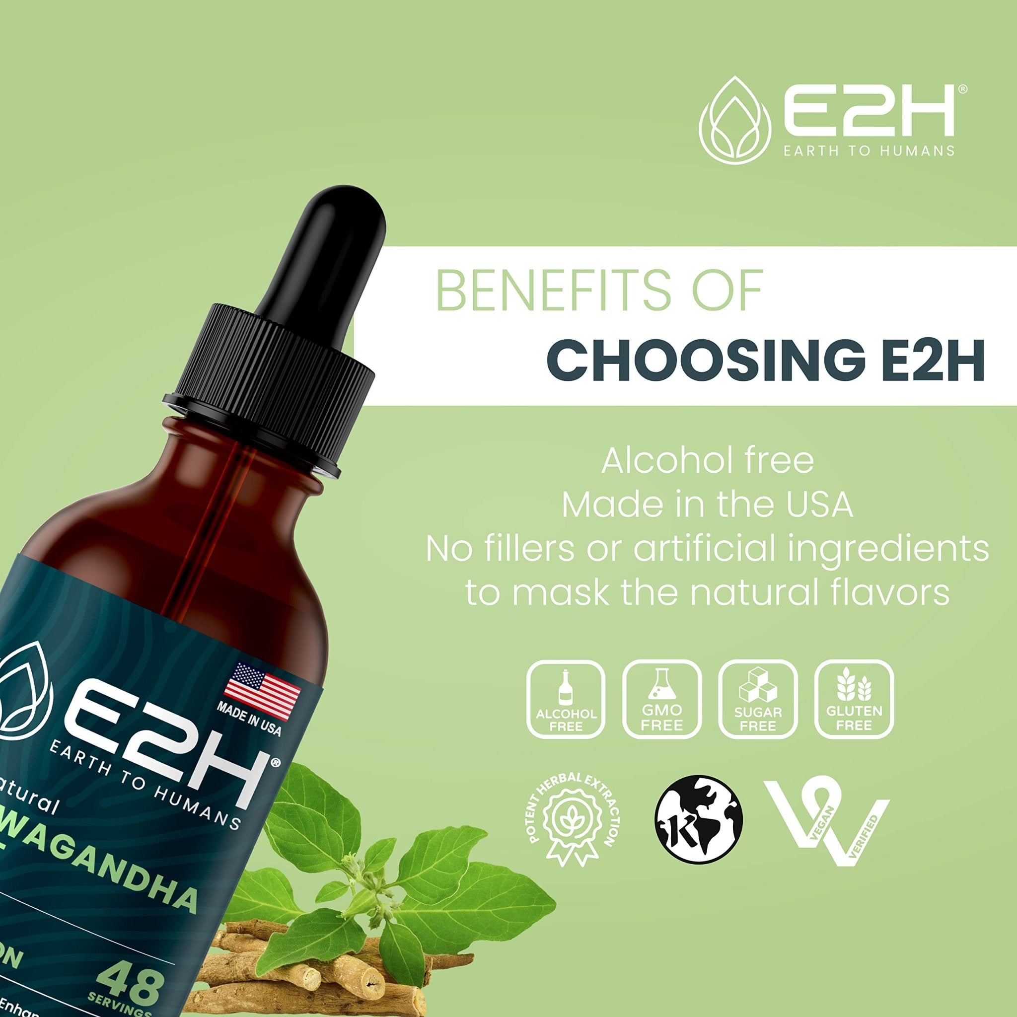 E2H Ashwagandha Liquid Drops - All-Natural Ashwagandha Supplement for Stress Relief and Mood Enhancer- Organic Ashwagandha Root Extract Effective Cortisol Manager | Non-GMO, Vegan | 2 Fl Oz - OzHealthStandard