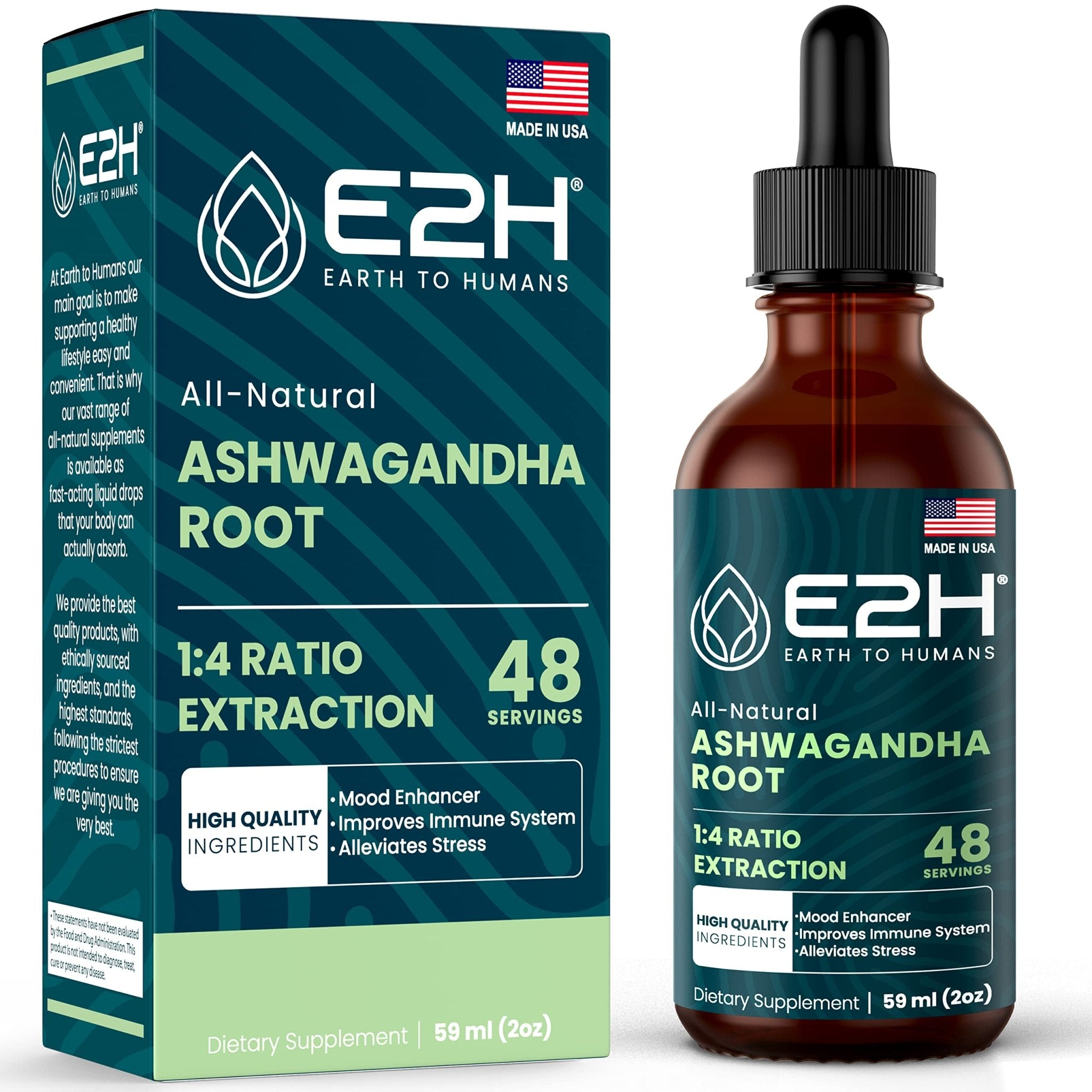 E2H Ashwagandha Liquid Drops - All-Natural Ashwagandha Supplement for Stress Relief and Mood Enhancer- Organic Ashwagandha Root Extract Effective Cortisol Manager | Non-GMO, Vegan | 2 Fl Oz - OzHealthStandard