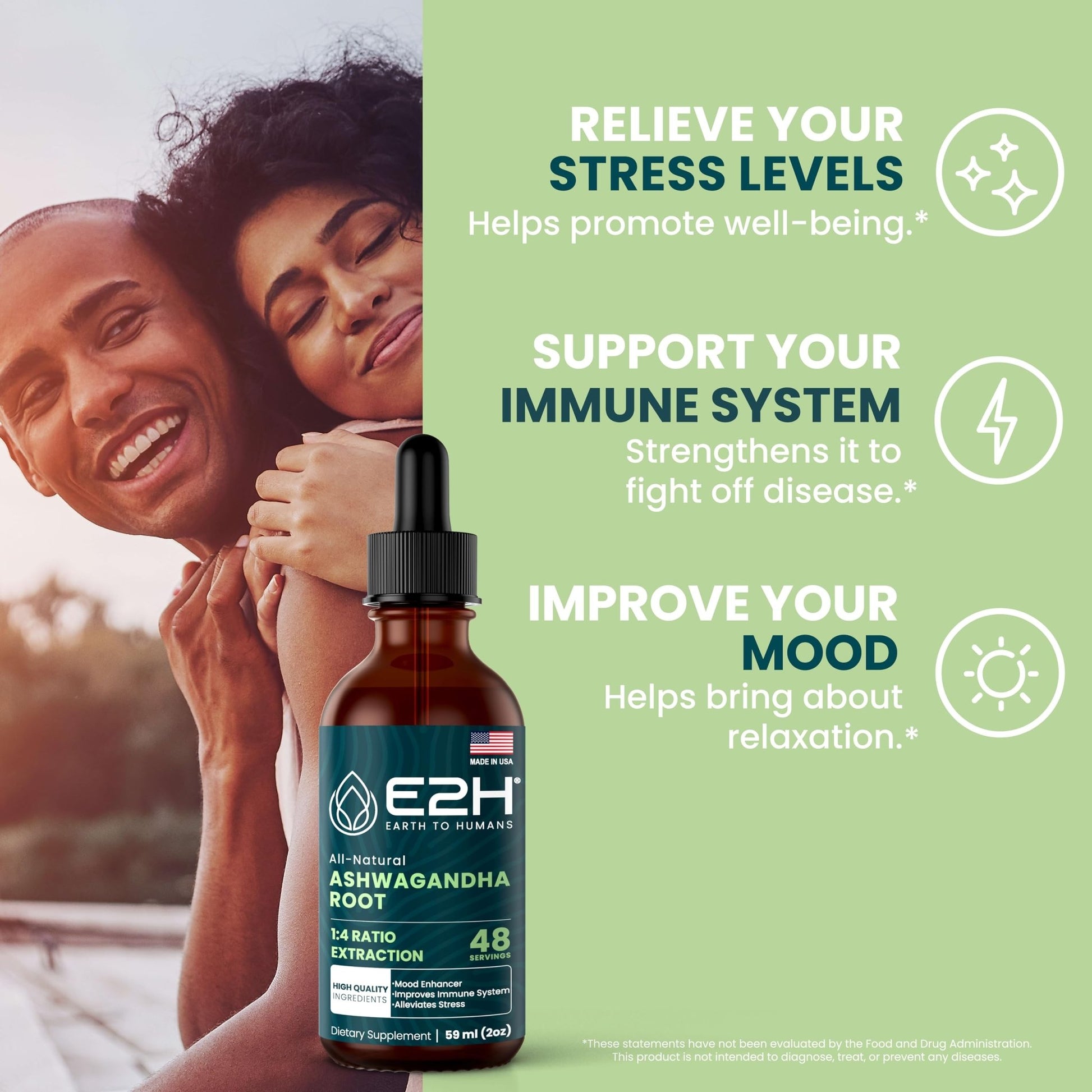 E2H Ashwagandha Liquid Drops - All-Natural Ashwagandha Supplement for Stress Relief and Mood Enhancer- Organic Ashwagandha Root Extract Effective Cortisol Manager | Non-GMO, Vegan | 2 Fl Oz - OzHealthStandard