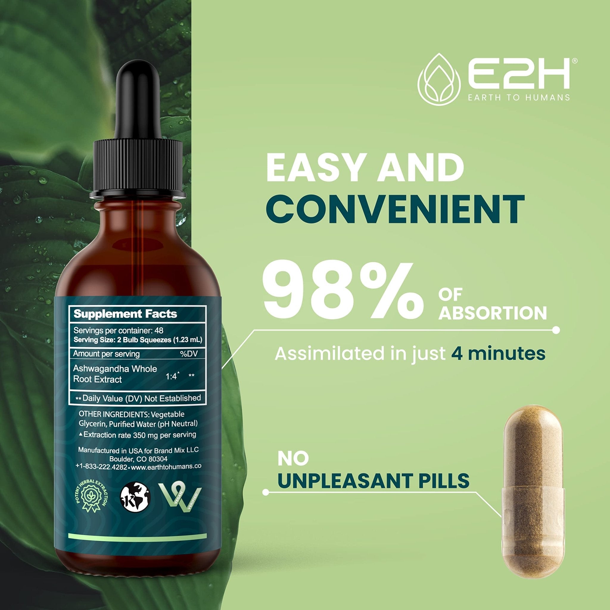 E2H Ashwagandha Liquid Drops - All-Natural Ashwagandha Supplement for Stress Relief and Mood Enhancer- Organic Ashwagandha Root Extract Effective Cortisol Manager | Non-GMO, Vegan | 2 Fl Oz - OzHealthStandard