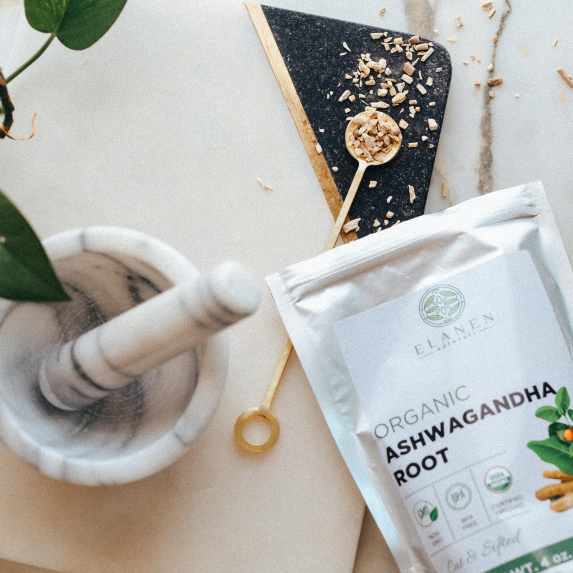 Elanen Naturals Organic Ashwagandha Root 4 oz. (113g), USDA Certified Organic Ashwagandha Root Loose Leaf Tea, Dried Withania somnifera, Cut & Sifted - OzHealthStandard