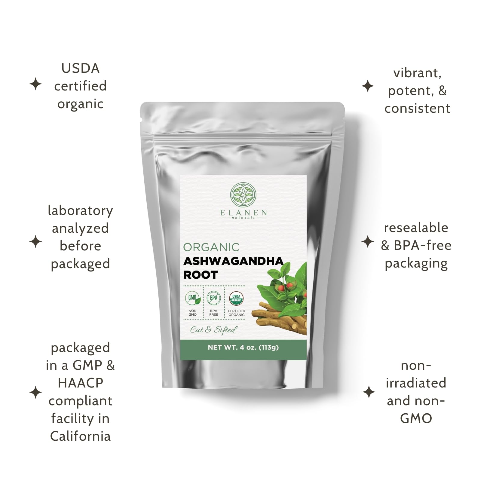 Elanen Naturals Organic Ashwagandha Root 4 oz. (113g), USDA Certified Organic Ashwagandha Root Loose Leaf Tea, Dried Withania somnifera, Cut & Sifted - OzHealthStandard