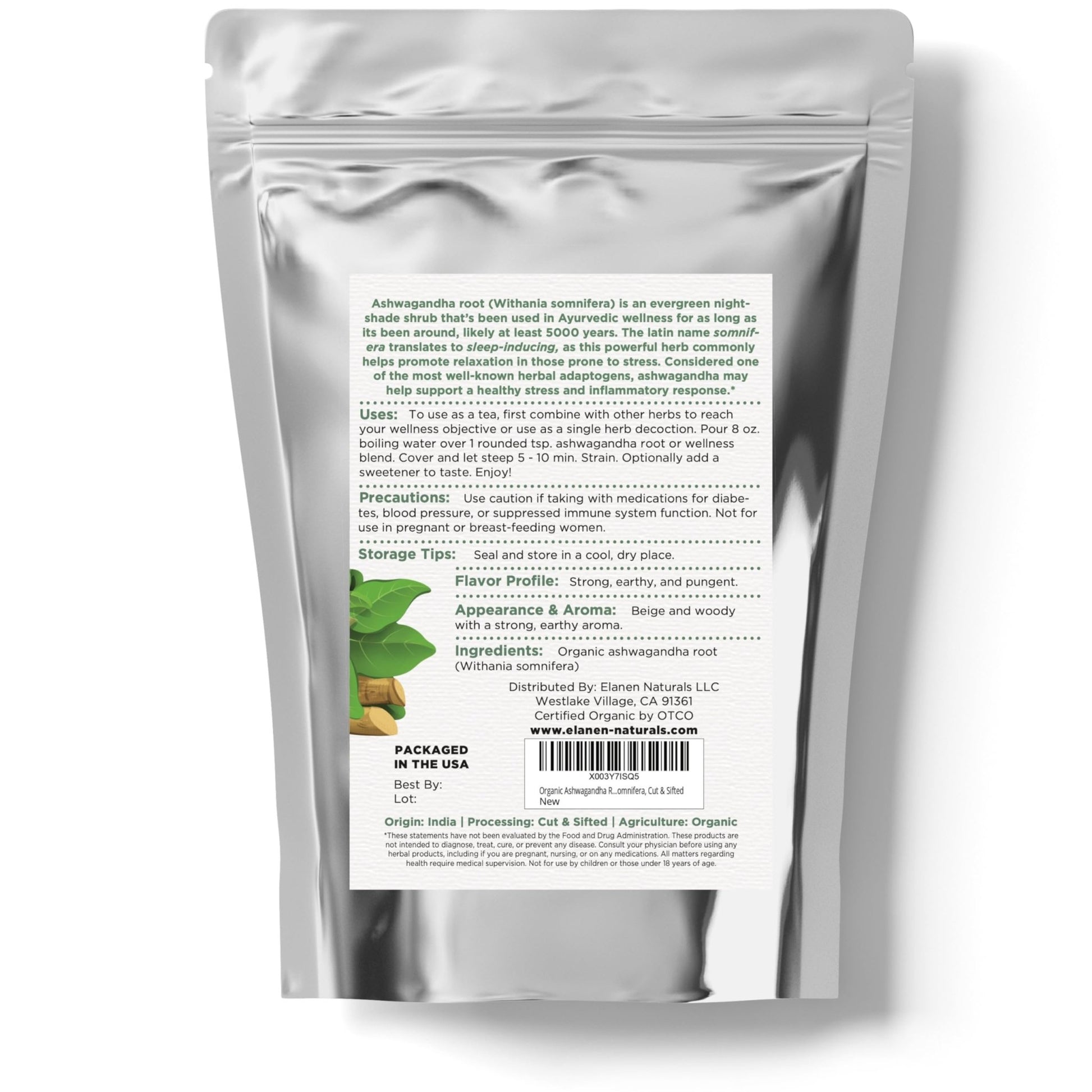 Elanen Naturals Organic Ashwagandha Root 4 oz. (113g), USDA Certified Organic Ashwagandha Root Loose Leaf Tea, Dried Withania somnifera, Cut & Sifted - OzHealthStandard